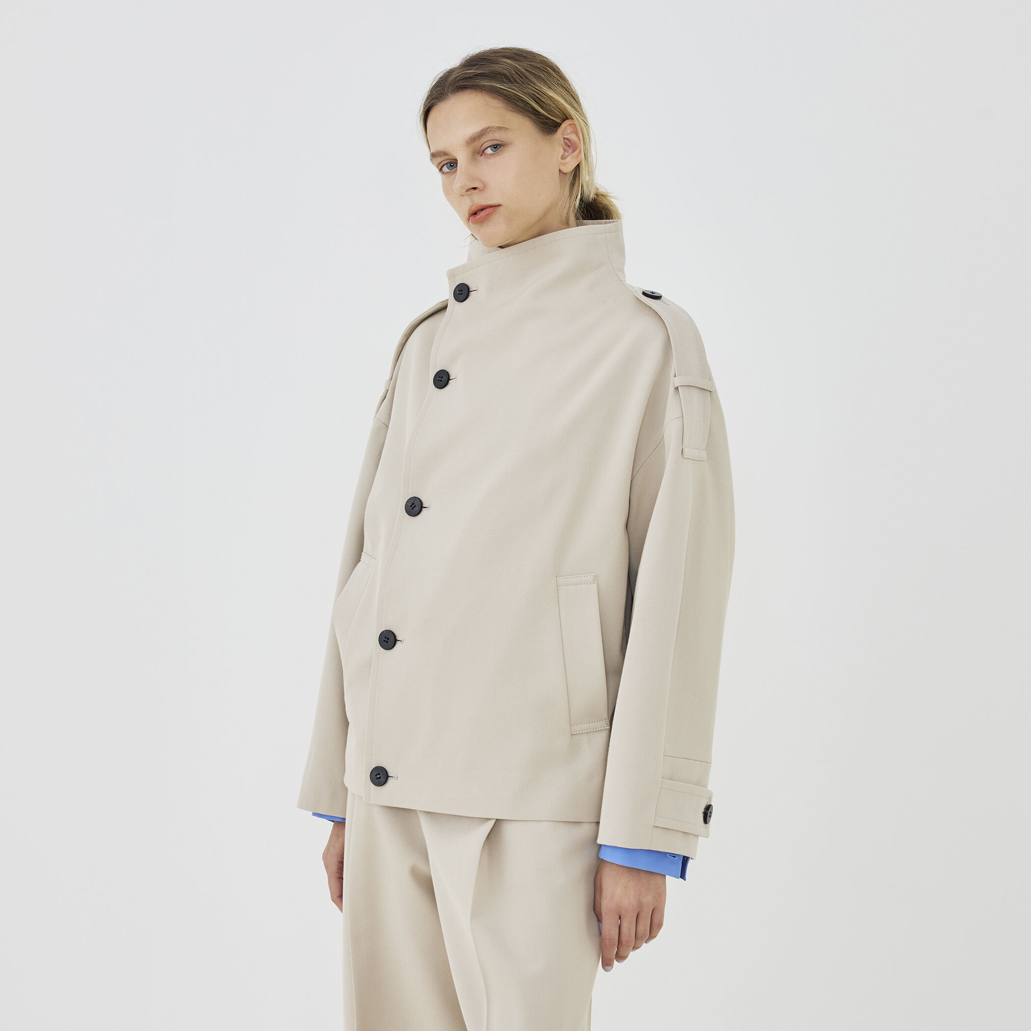 コットンウールギャバジン ハイネックショートコート