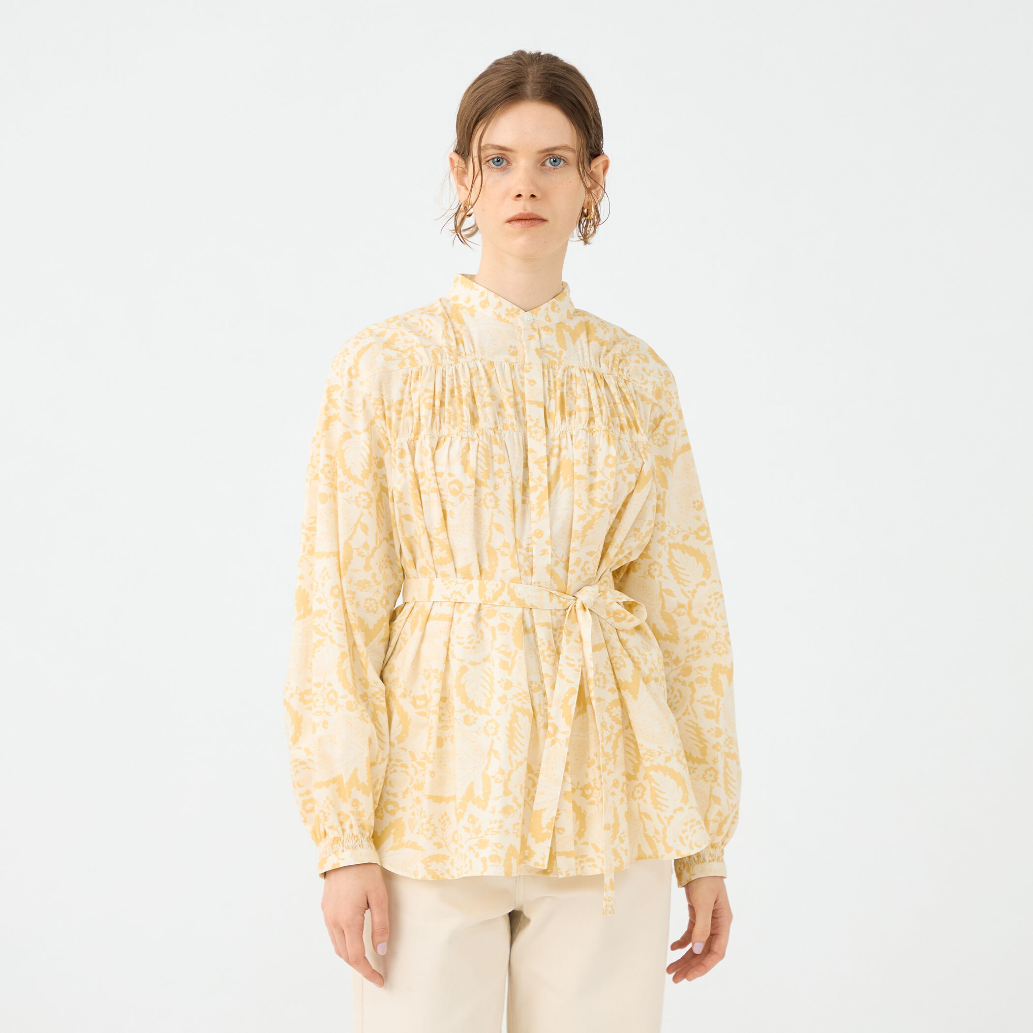 コットンローンプリント シャーリングチュニックブラウス