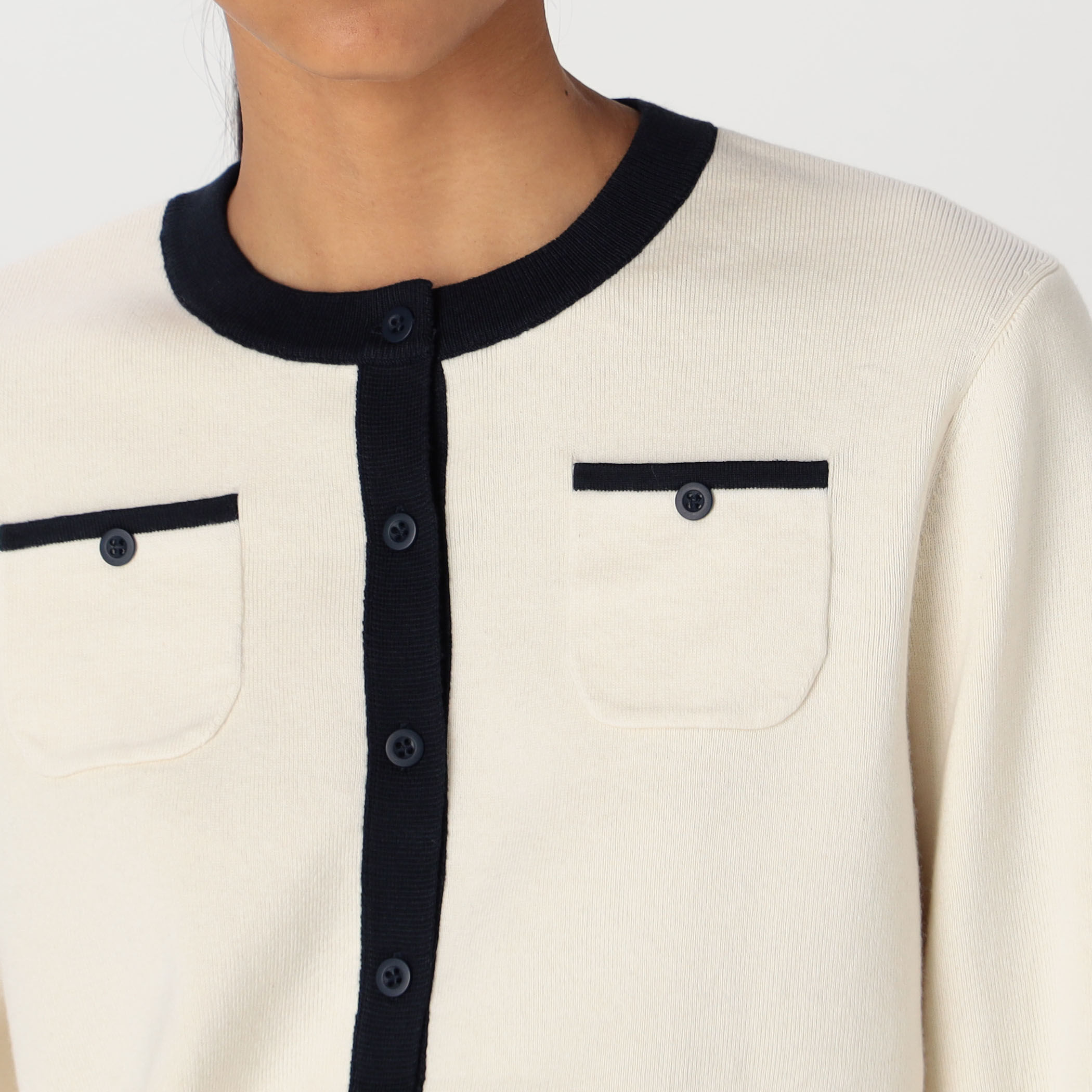 コットンカシミヤ バイカラークルーネックカーディガン