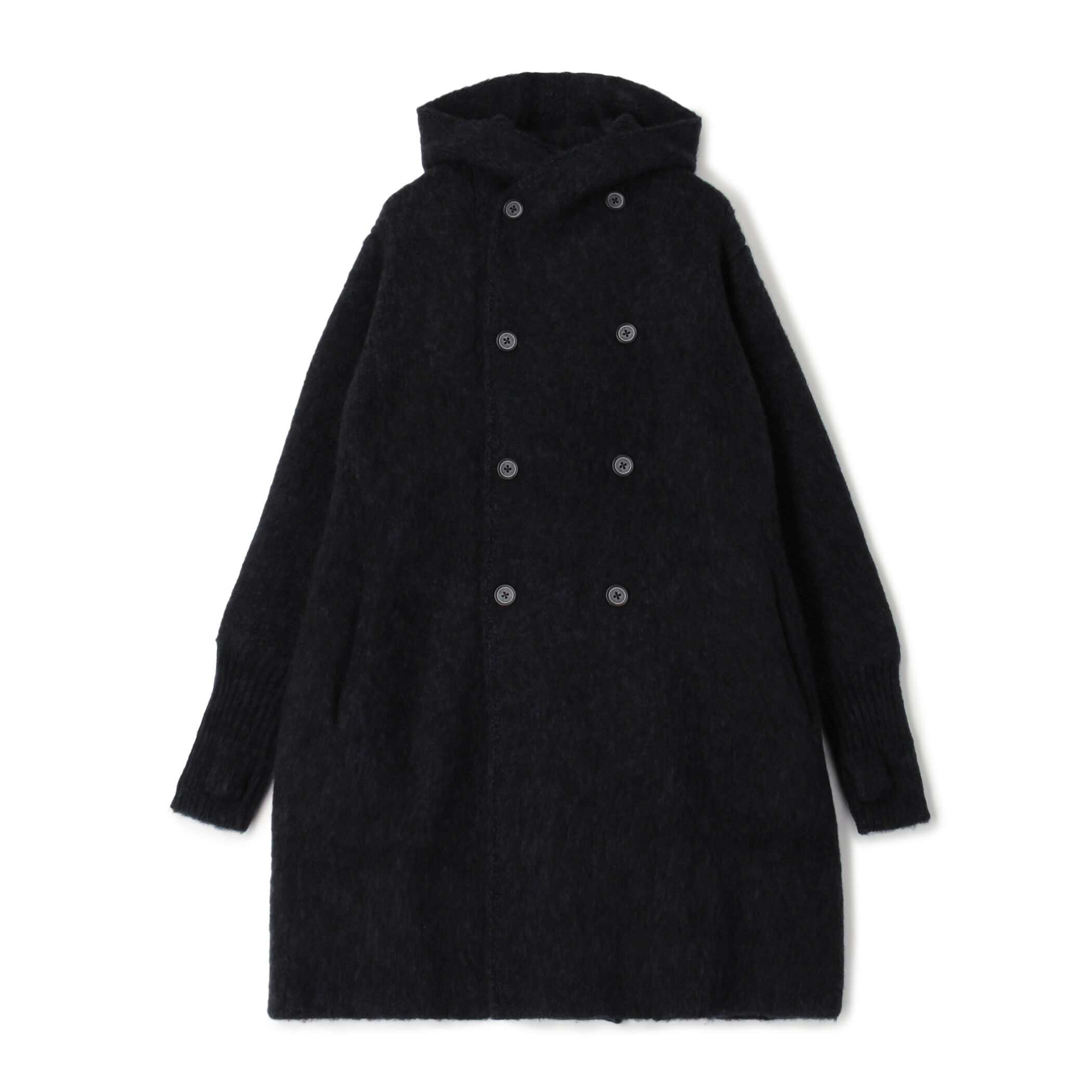 ウール カシミヤ シルク フーデット ダブルブレスト ニットコート