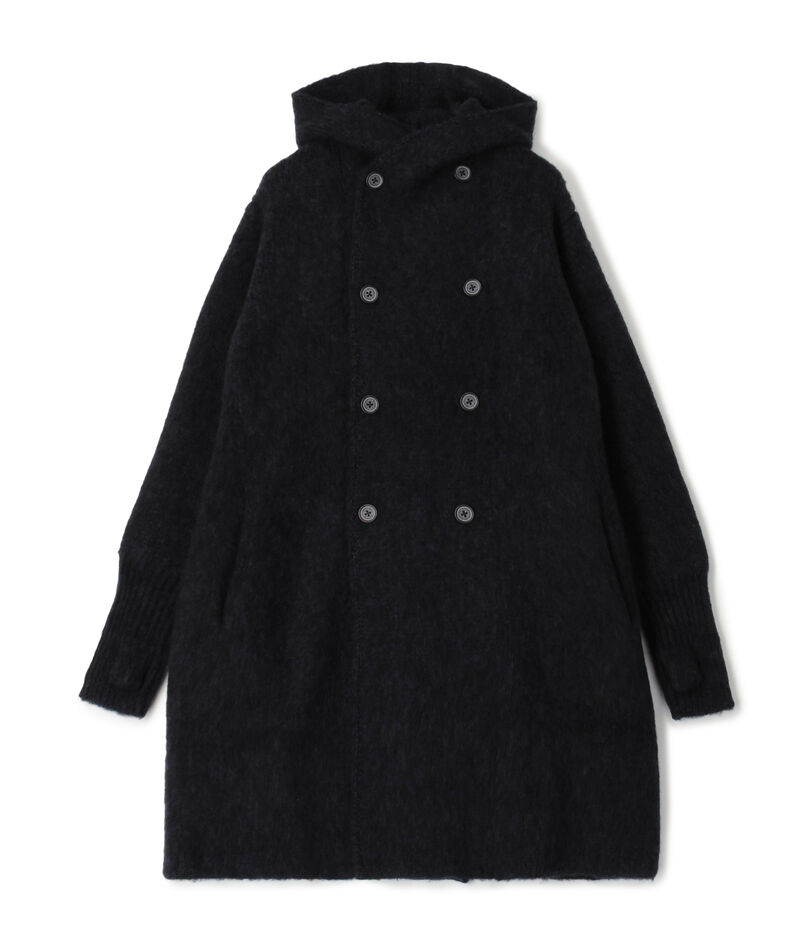 ウール カシミヤ シルク フーデット ダブルブレスト ニットコート