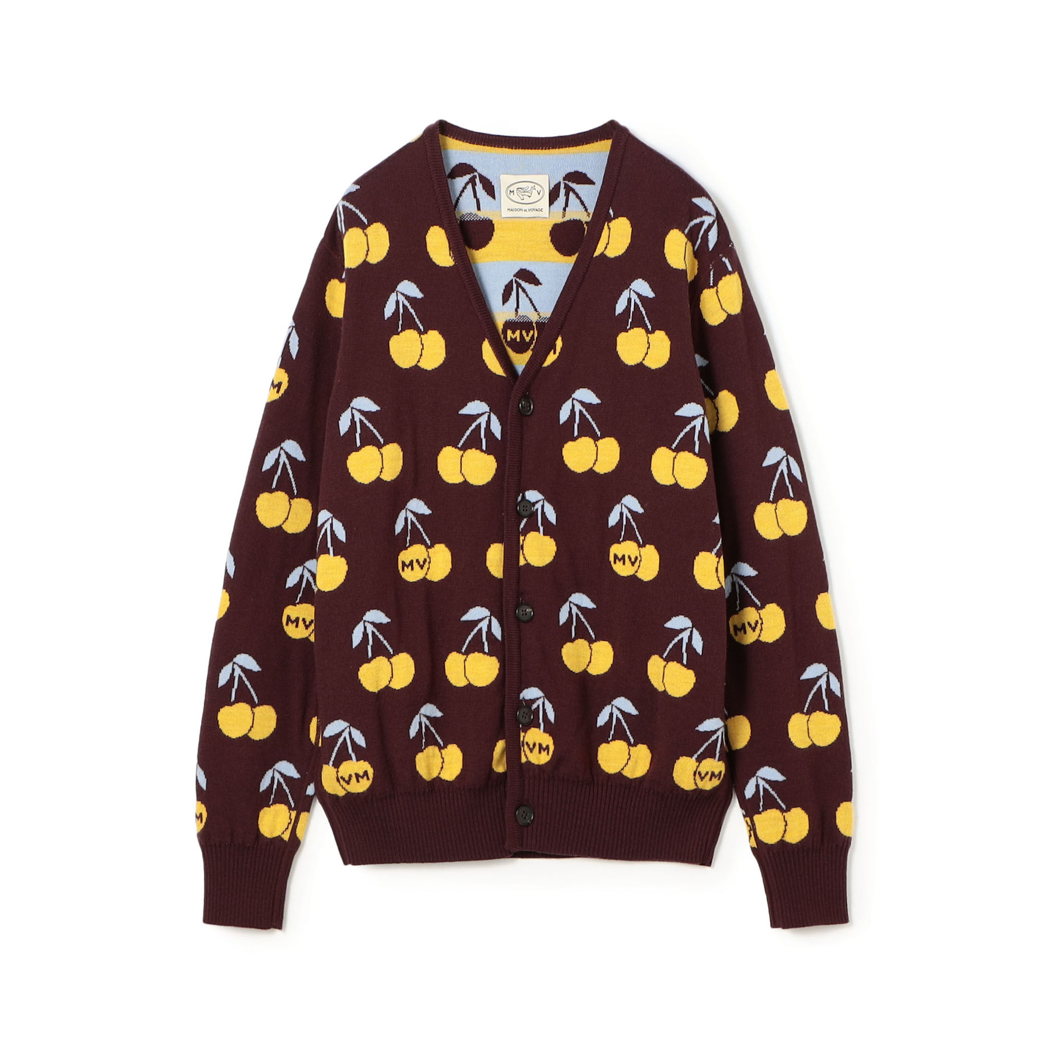 ウール チェリーモチーフ Vネックリバーシブルカーディガン