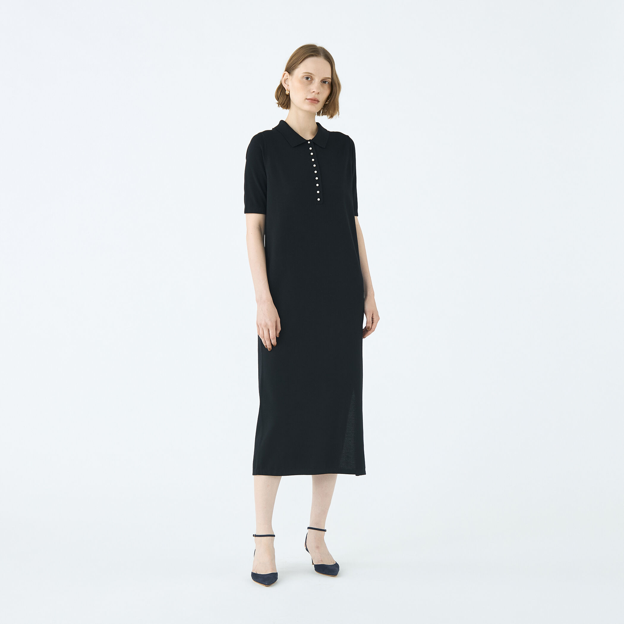 ウールポリエステルパールコンビ ポロロングワンピース