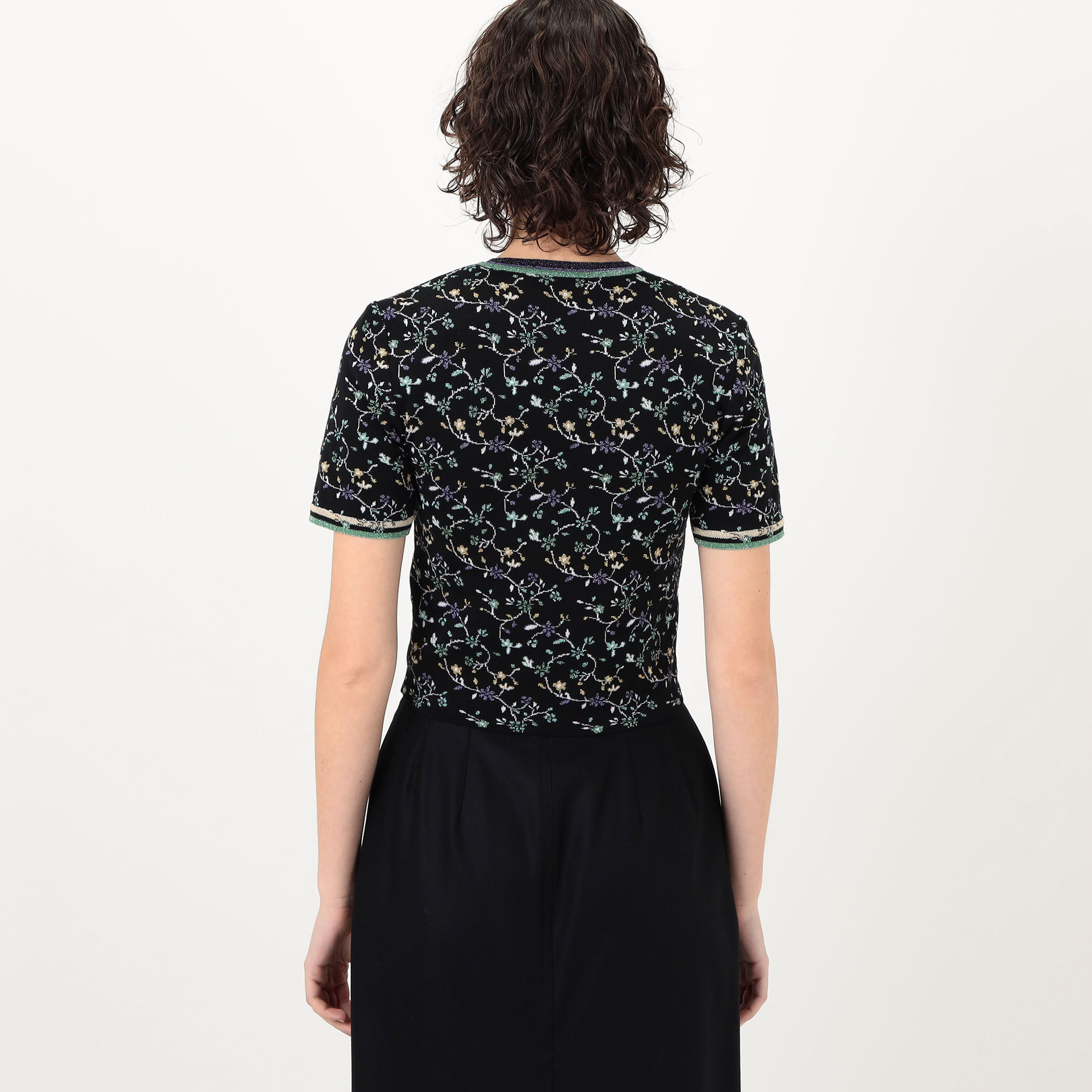 Mame Kurogouchi Floral Motif Glitter Short Sleeve Knit Top