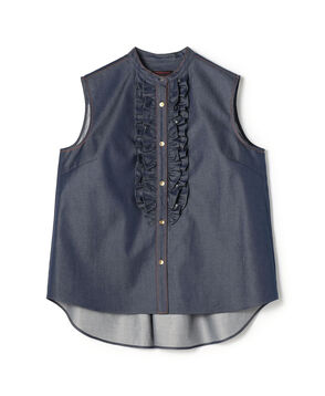 コットンシルクデニム ラッフルスリーブレスブラウス