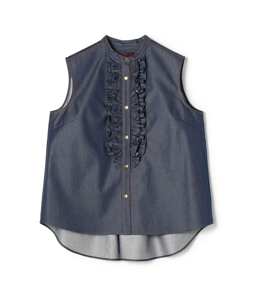 コットンシルクデニム ラッフルスリーブレスブラウス