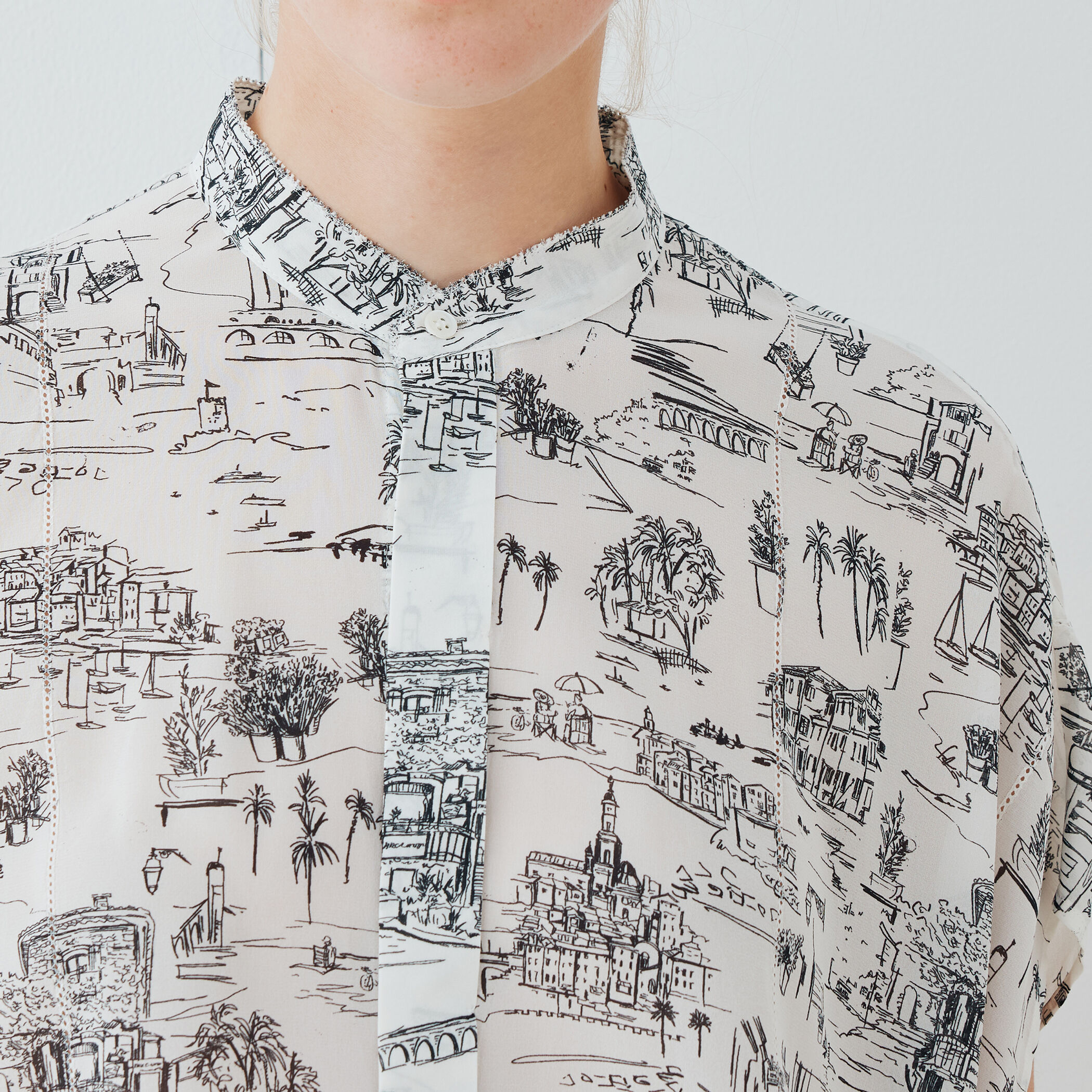 LandScapeシルクストレッチ スタンドネックボックスシャツ
