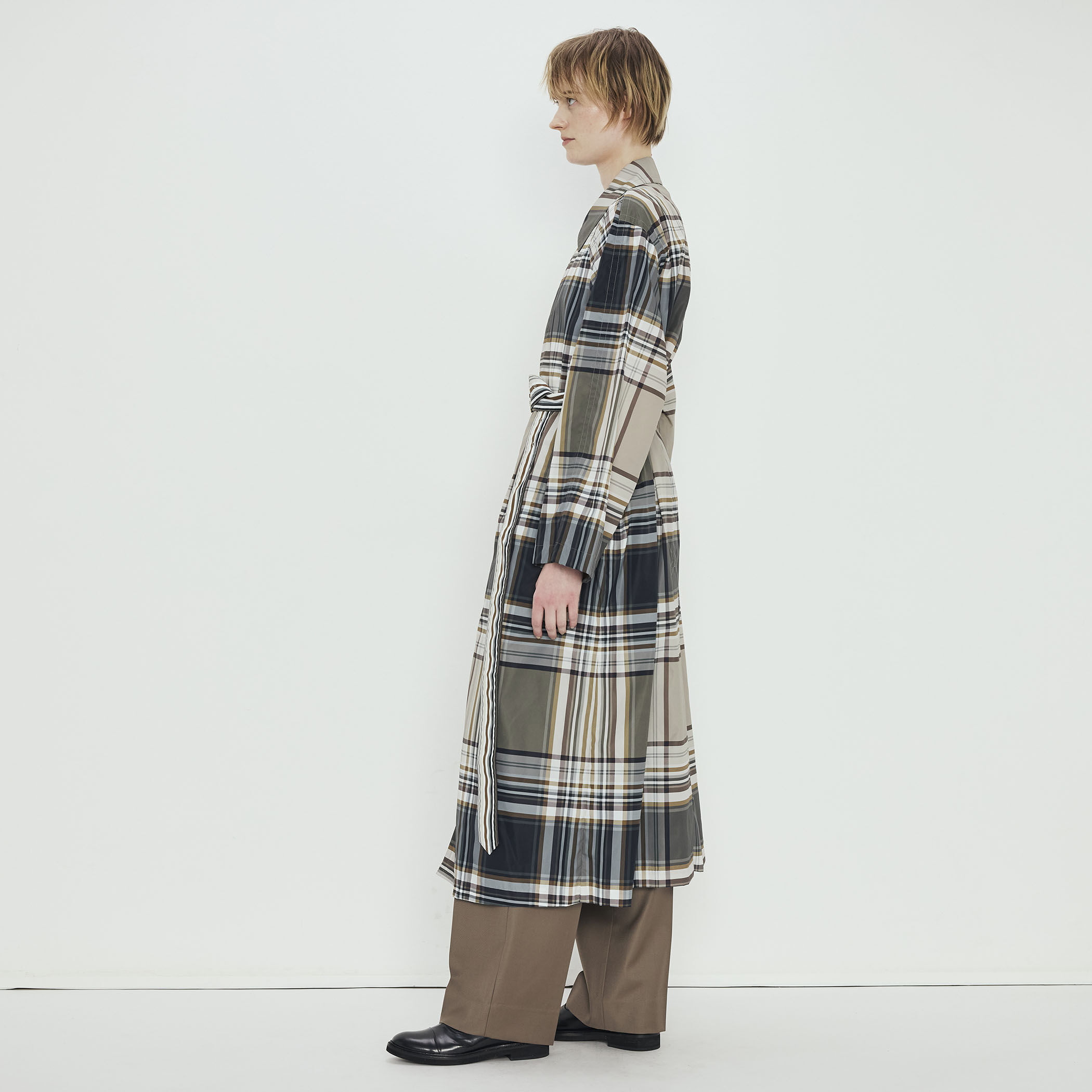 テクニカルナイロン ブロックチェックステンカラーコート