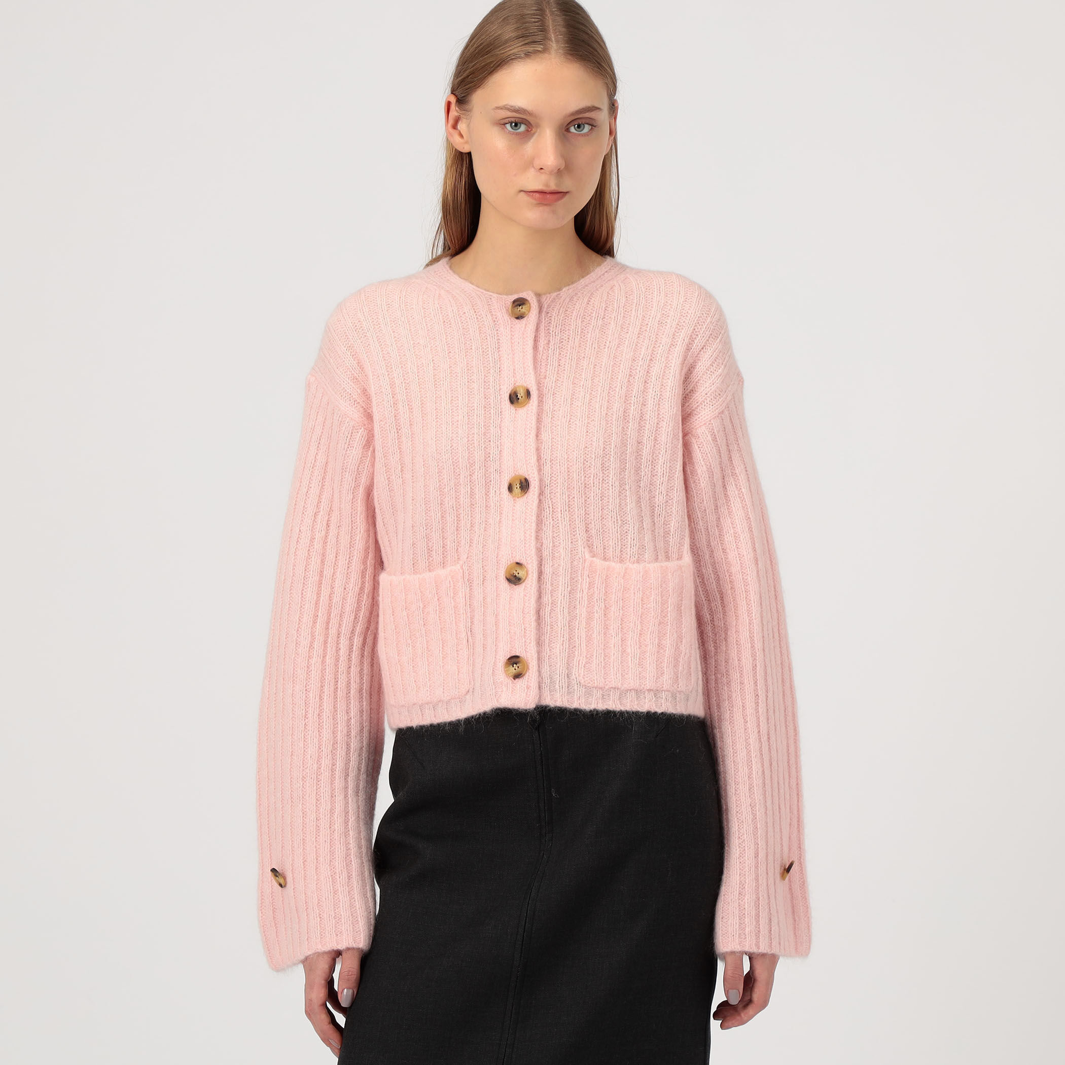 ドゥロワーリブ編みピンクカーディガン ドゥロワーリブ編みピンクカーディガン ドゥロワーリブ編みピンク