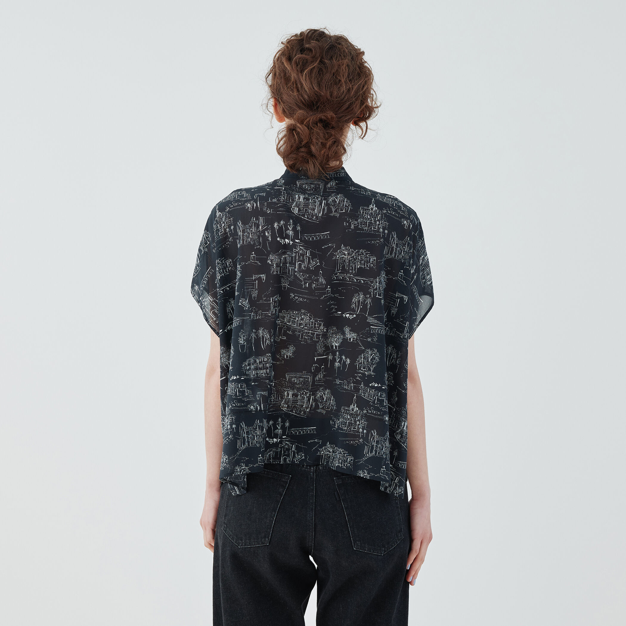 LandScapeシルクストレッチ スタンドネックボックスシャツ