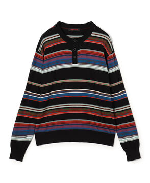 コットンカシミヤ マルチボーダーヘンリーネックプルオーバー