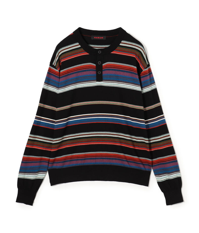 コットンカシミヤ マルチボーダーヘンリーネックプルオーバー