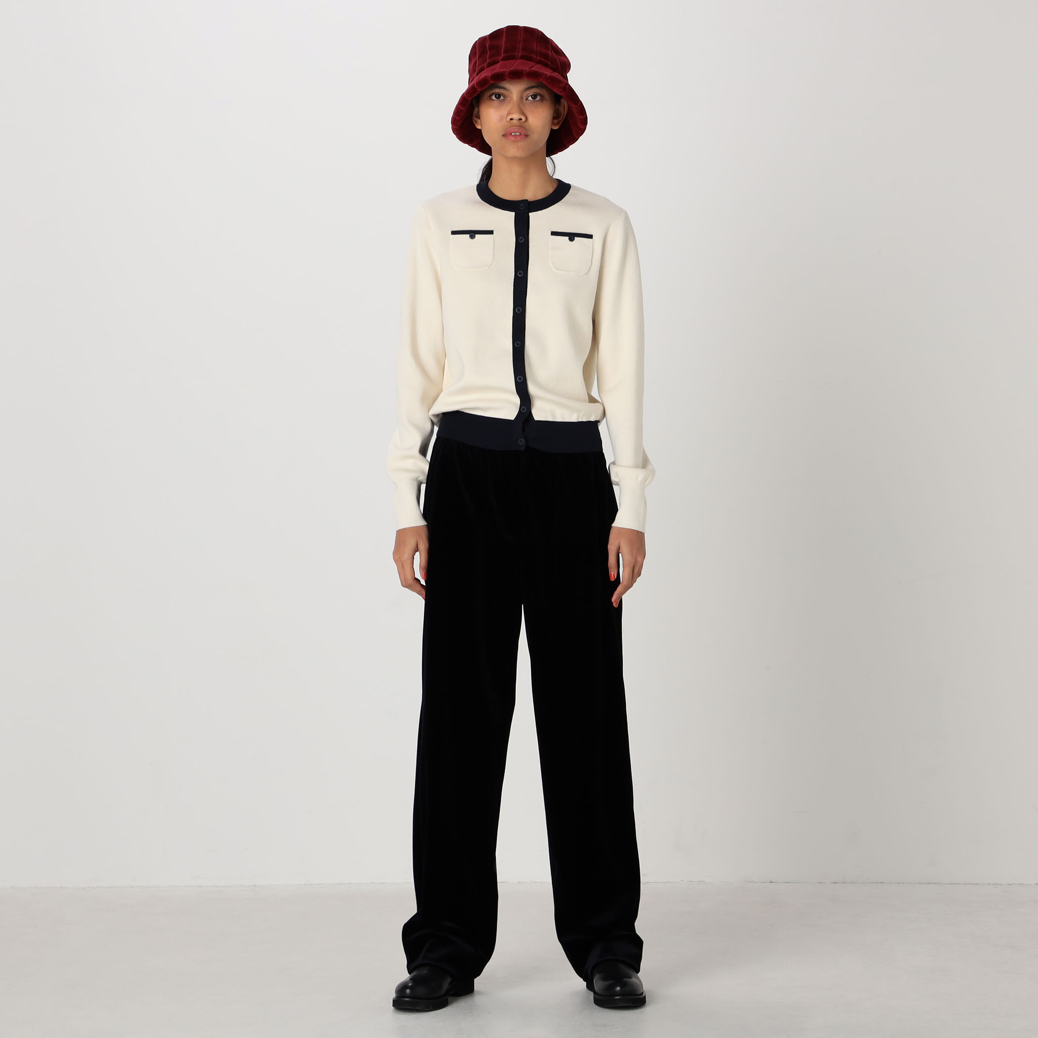 ★新品★CABaN コットンカシミヤ バイカラークルーネックカーディガン　グレー コットンカシミヤ バイカラークルーネックカーディガン