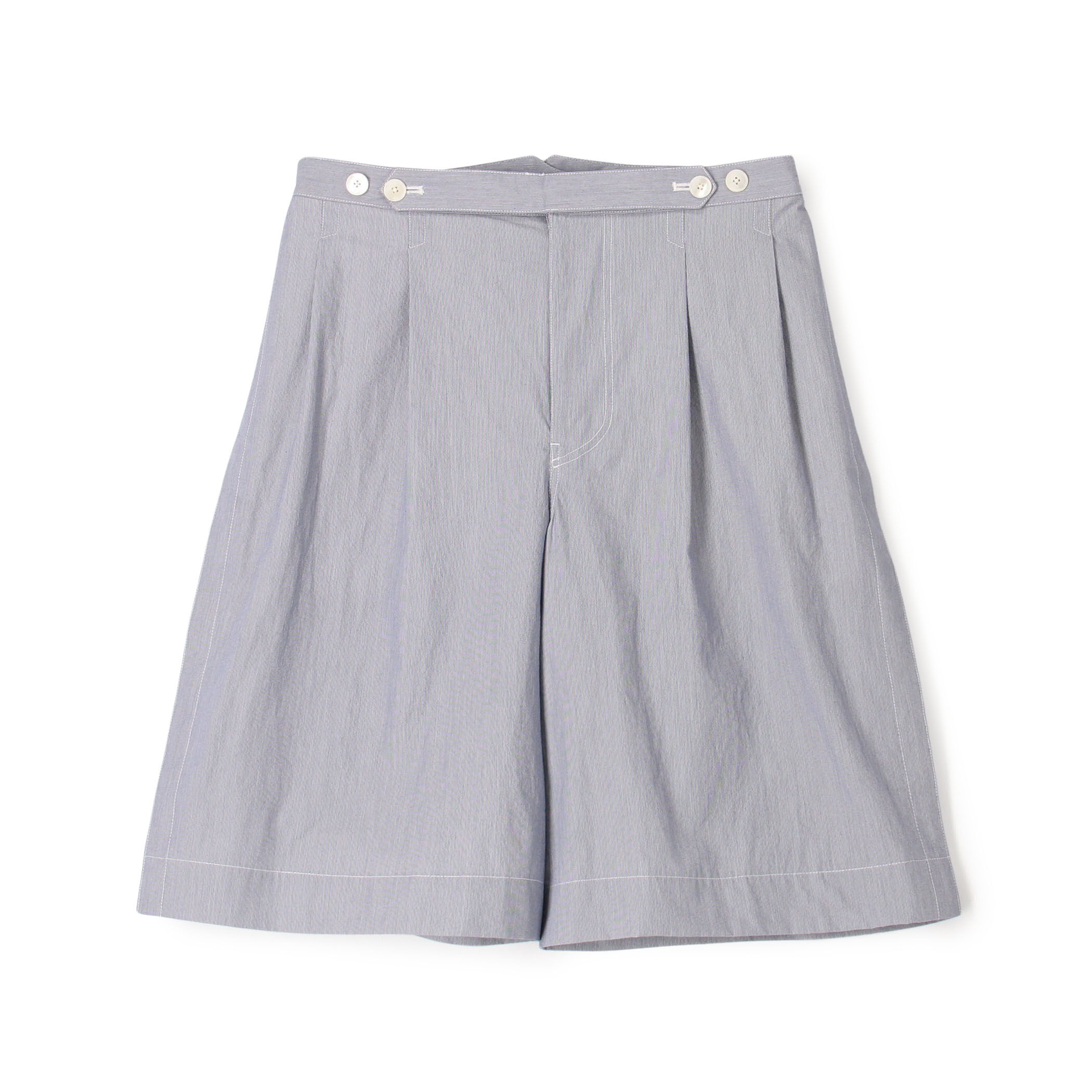 コットンナイロンストライプ 2プリーツ ベルトレス ショートパンツ