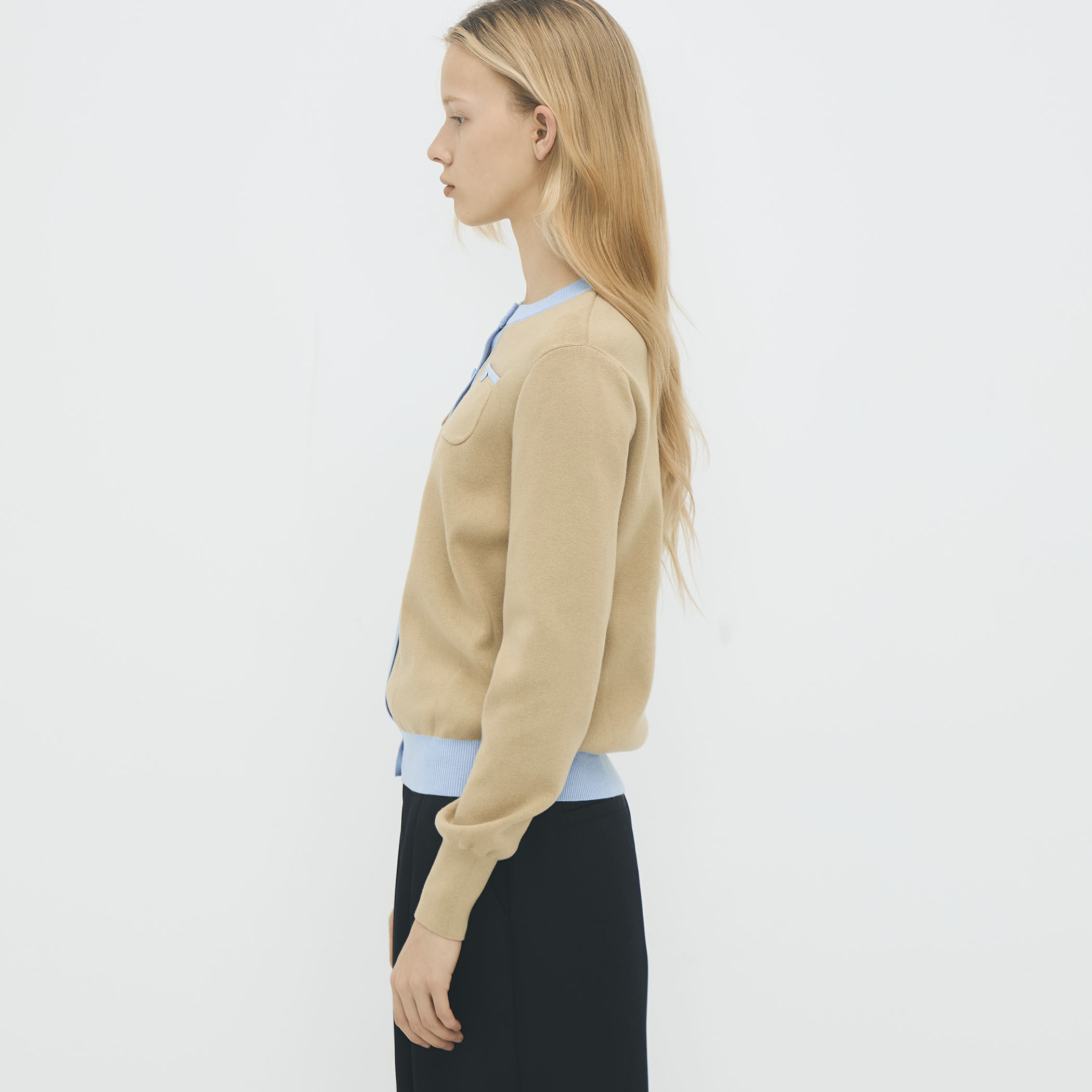 コットンカシミヤ バイカラークルーネックカーディガン