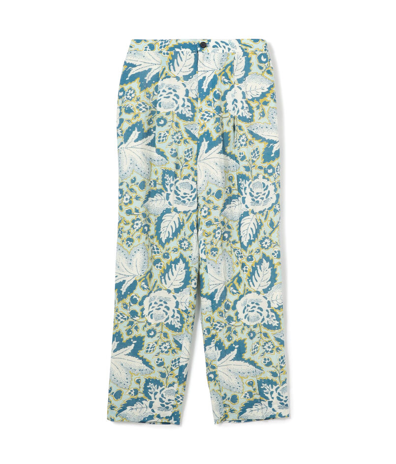 トリアセテートポリエステルリネンプリント タックテーパードパンツ