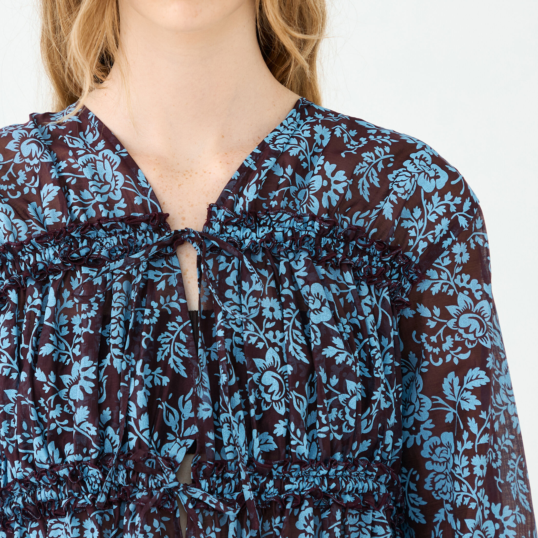 セルロースポリエステルプリント ギャザーブラウス