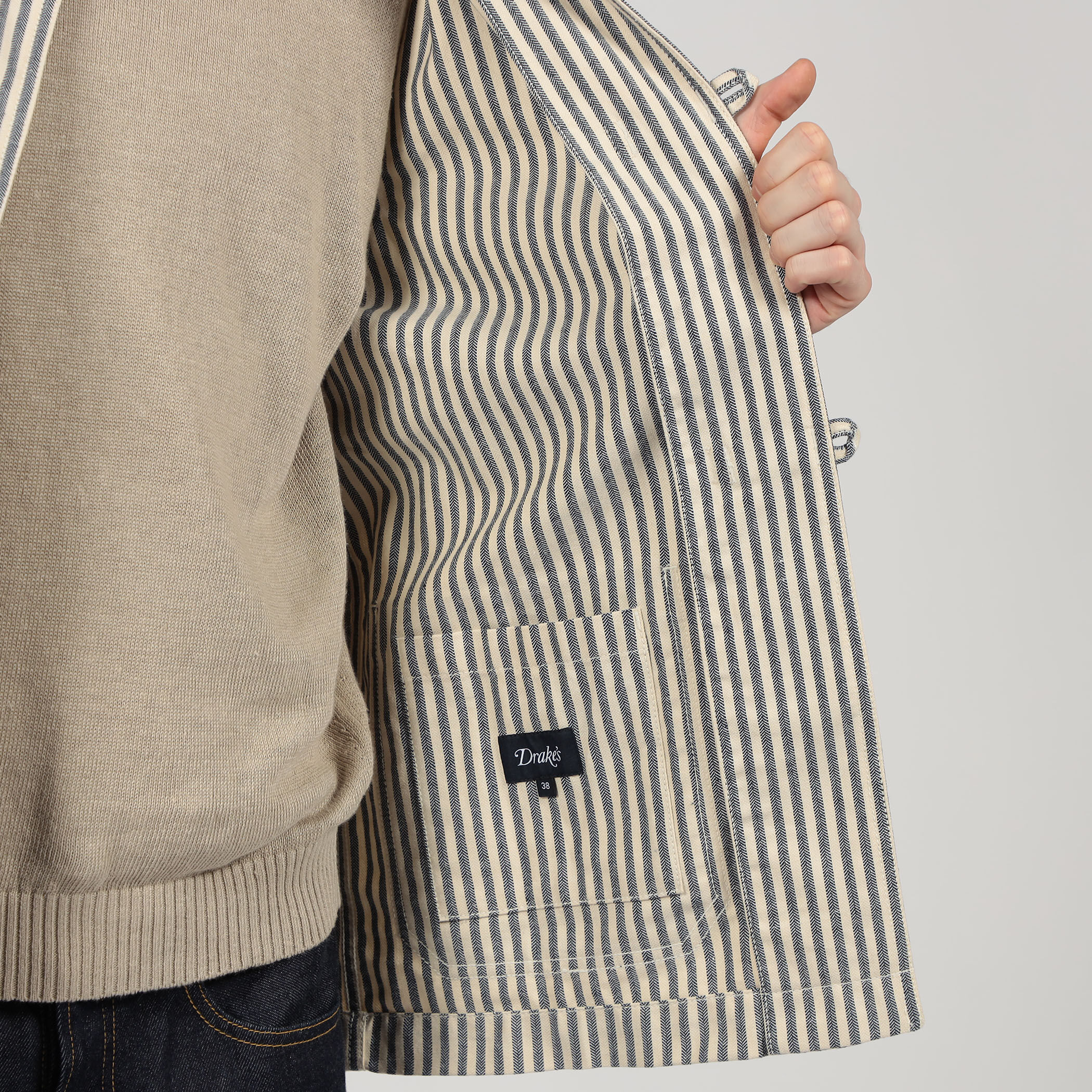 Drake's ブルー＆エクリュストライプ コットンリネン デッキチョア