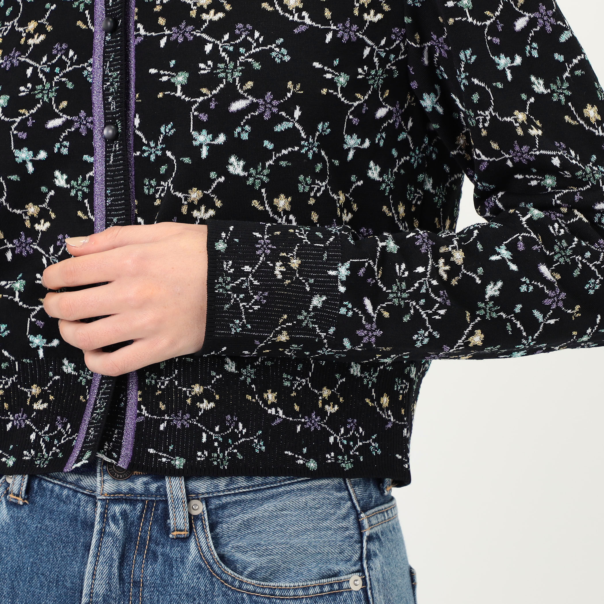 Mame Kurogouchi Floral Motif Glitter Knit Cardigan
