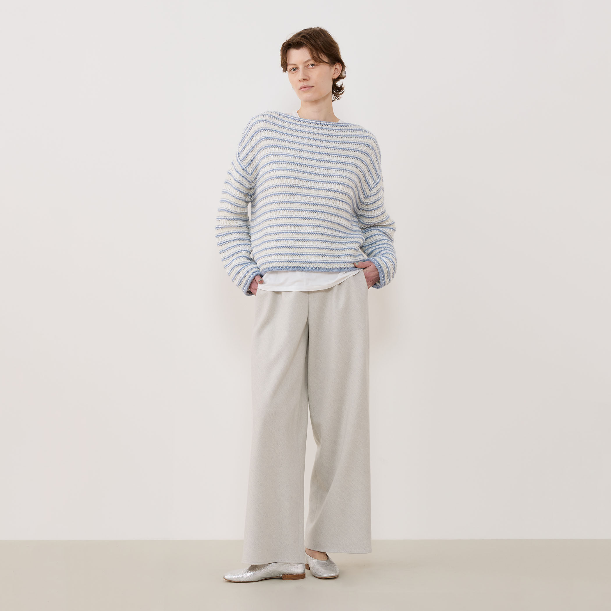 りえページ シルクハブタエストライププリント ワイドイージーパンツ