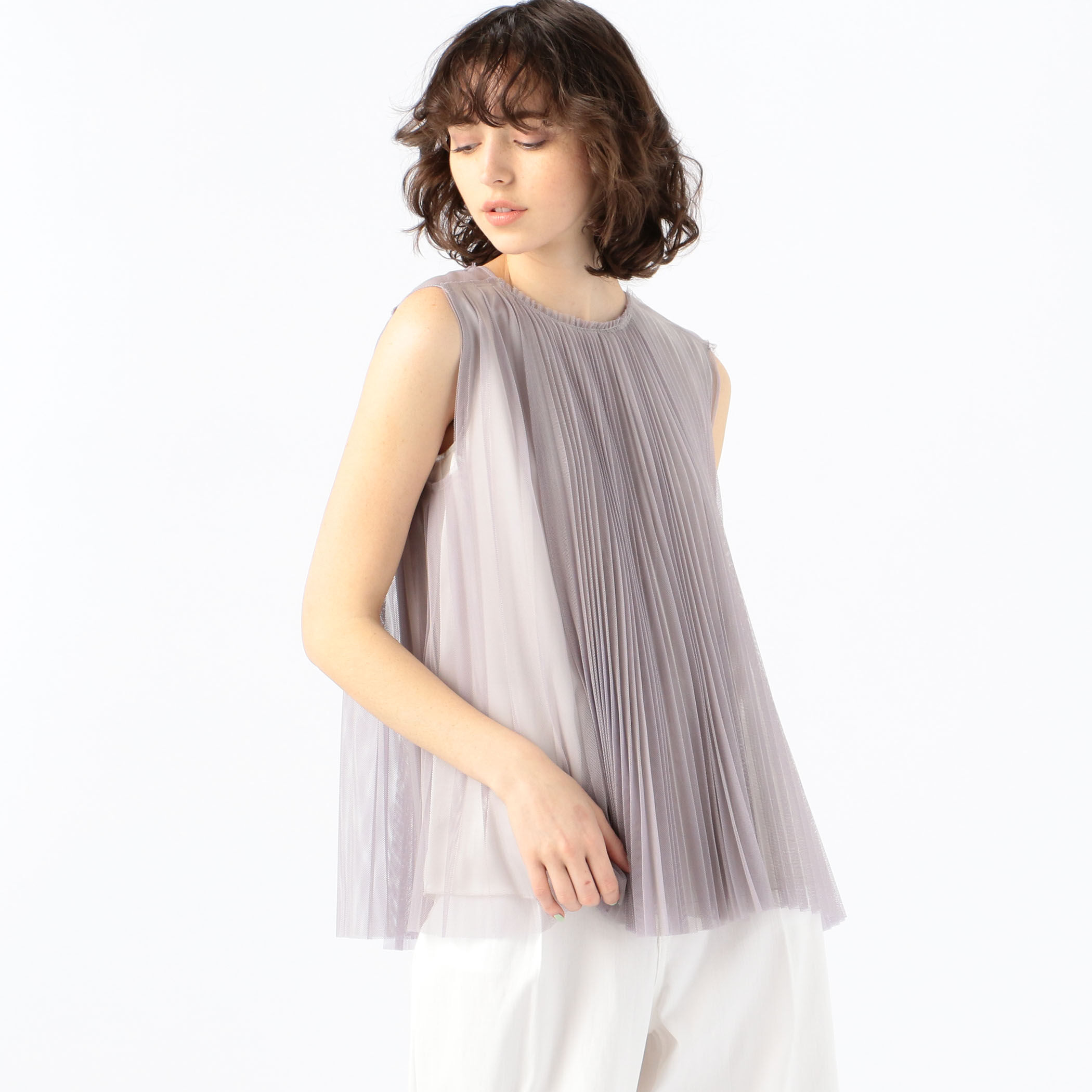 ノーブル　アニュアンス　イエナ　トゥモローランド　ノースリーブ MORE10%OFF対象〉シャンブレーチュールアシンメトリープリーツ