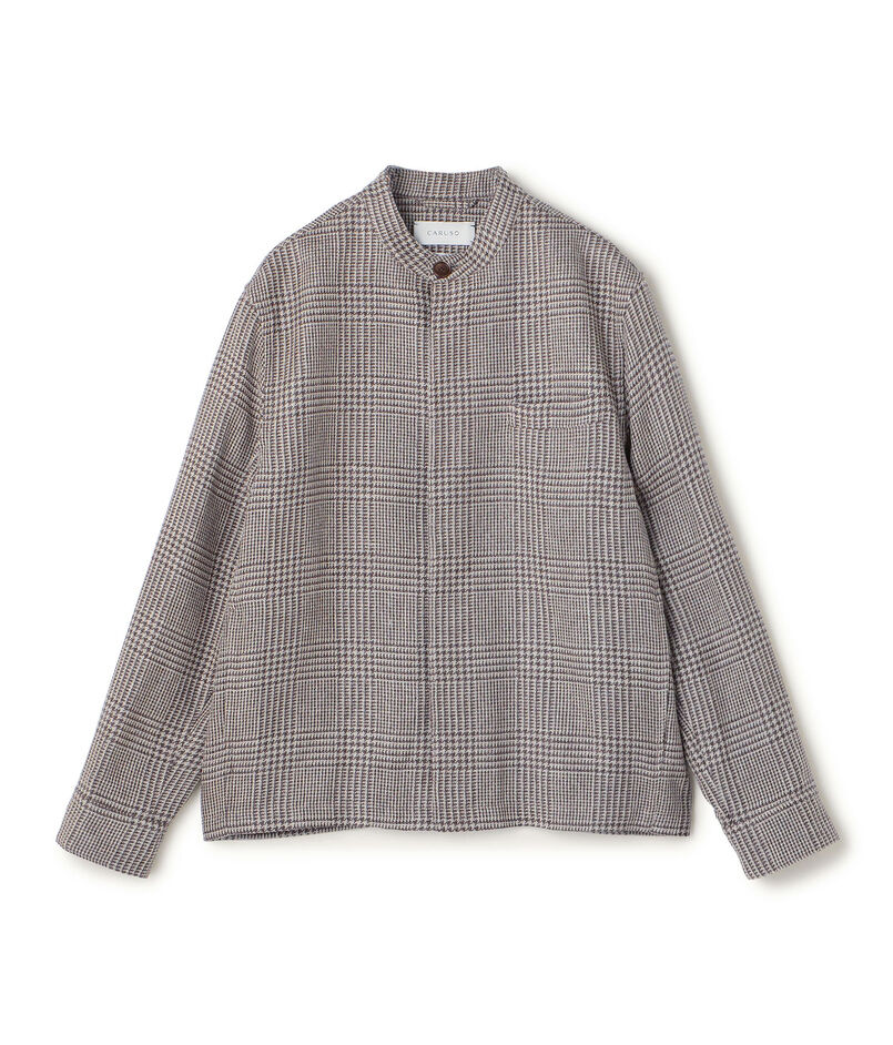 CARUSO OVERSHIRT リネンウールシルク グレンチェック スタンドカラー シャツブルゾン