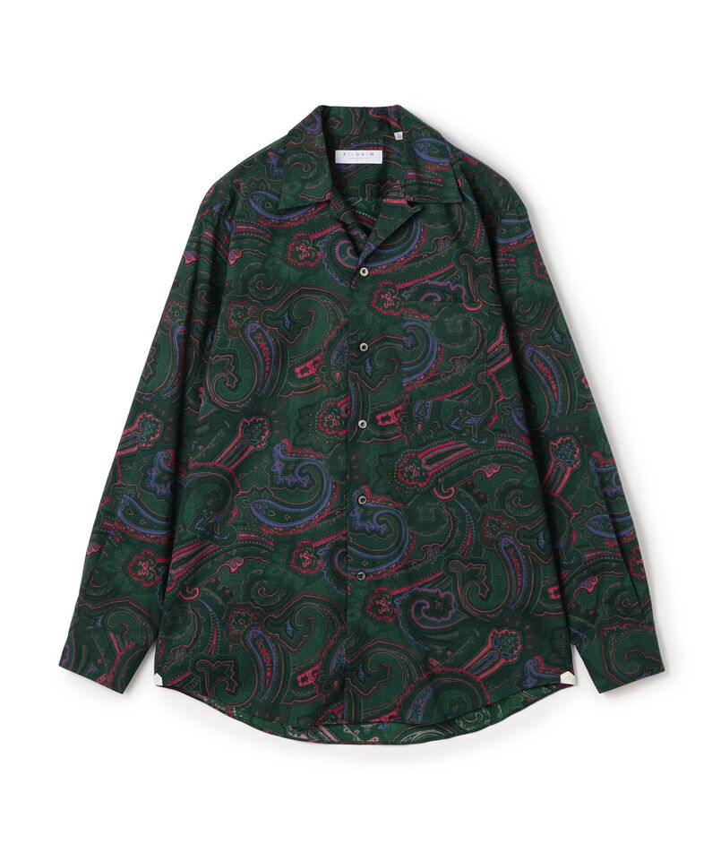 コットン ペイズリープリント オープンカラー ロングスリーブシャツ