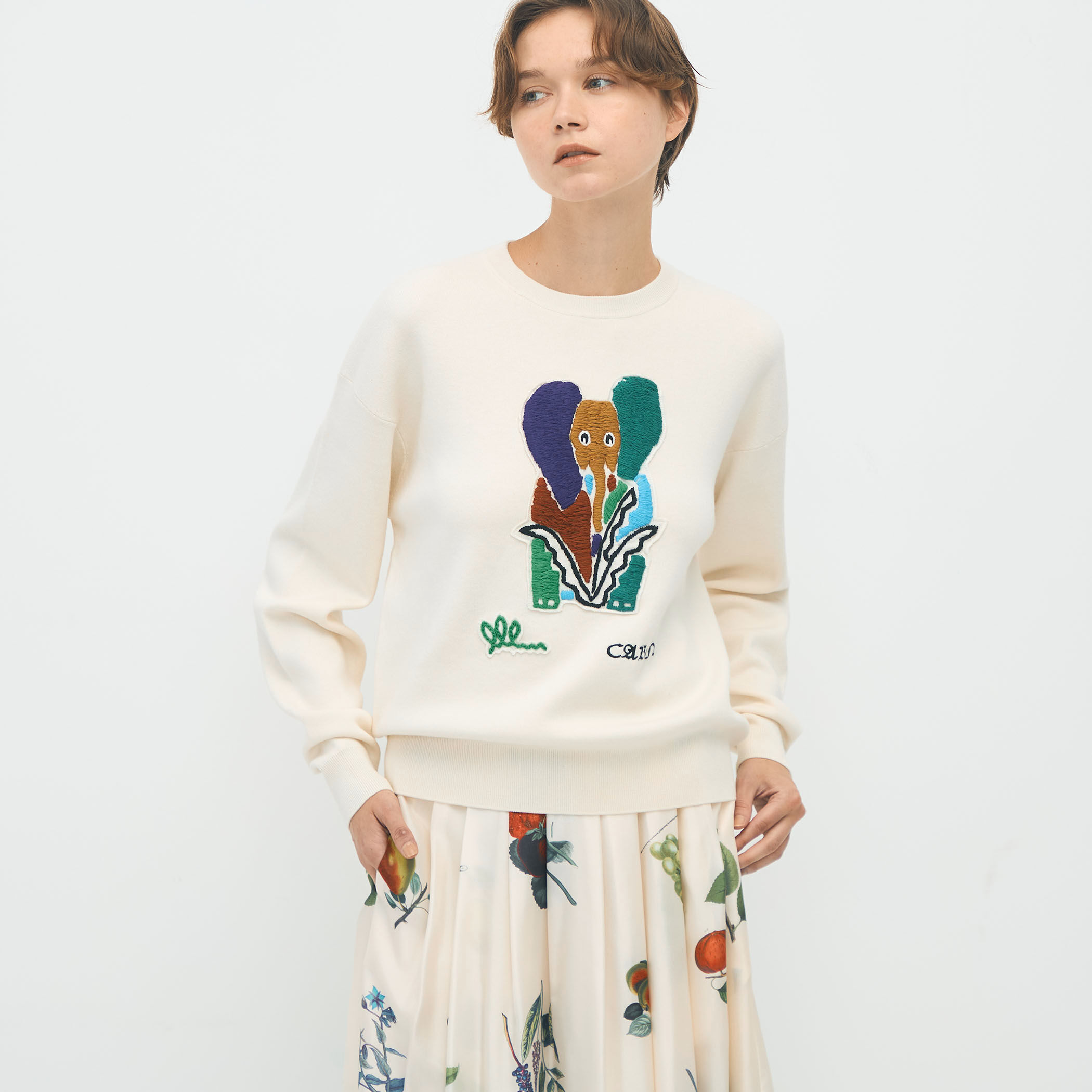 専用品CABaN Elephantエンブロイダリー クルーネックプルオーバー CABaN コットンカシミヤ Elephantエンブロイダリークルーネックプル