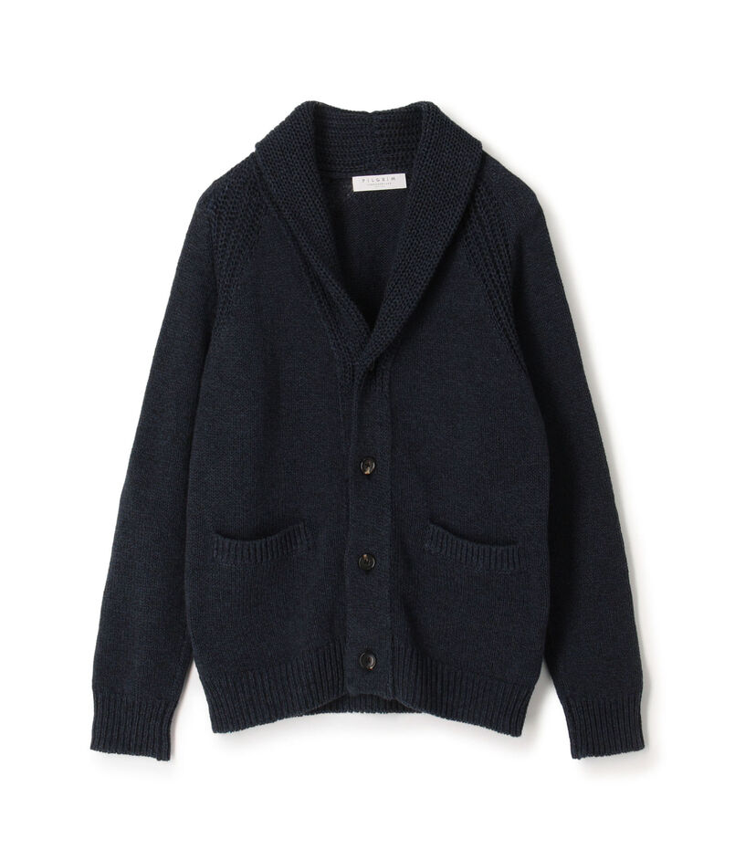 リネンコットン ショールカラー ニットカーディガン