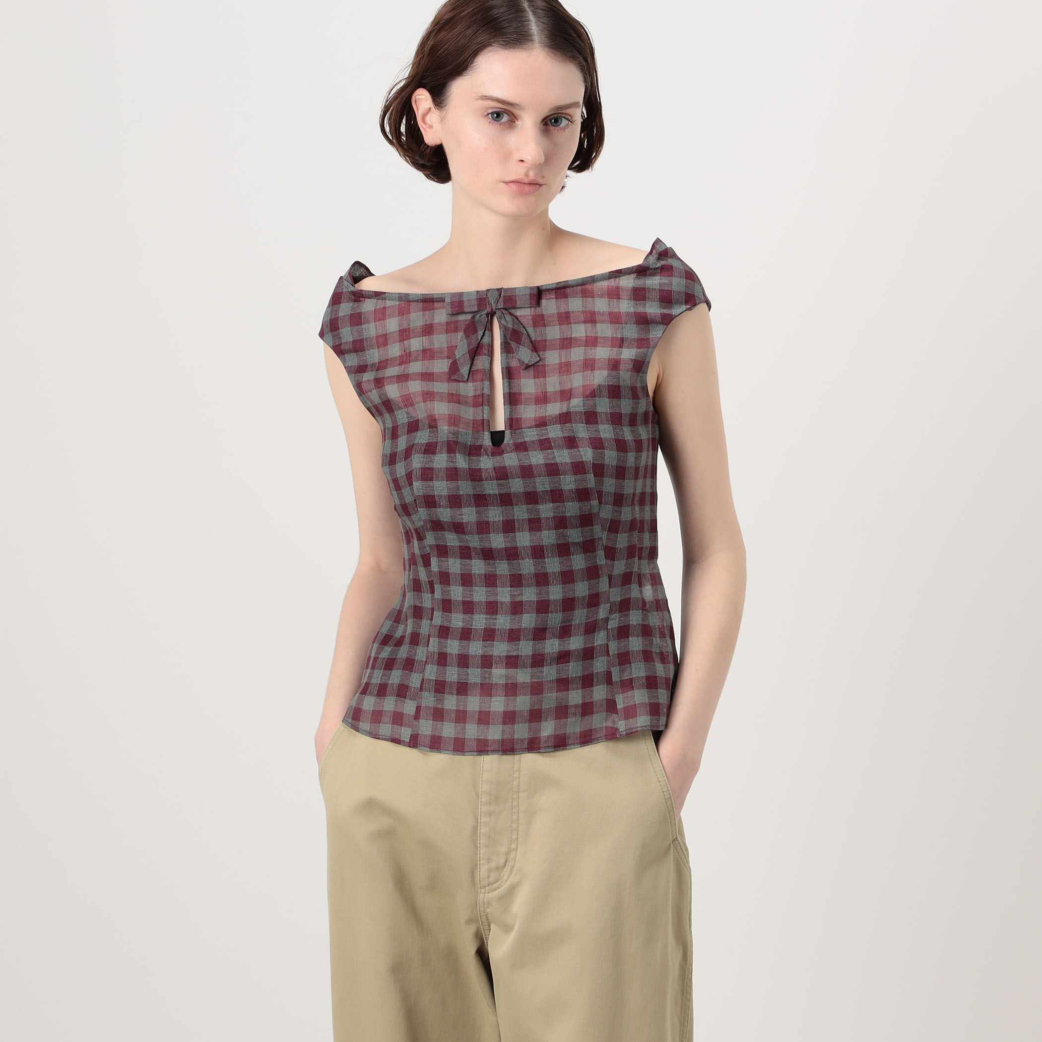 SHUSHU/TONG Keyhole Crop Top リネン チェックブラウス