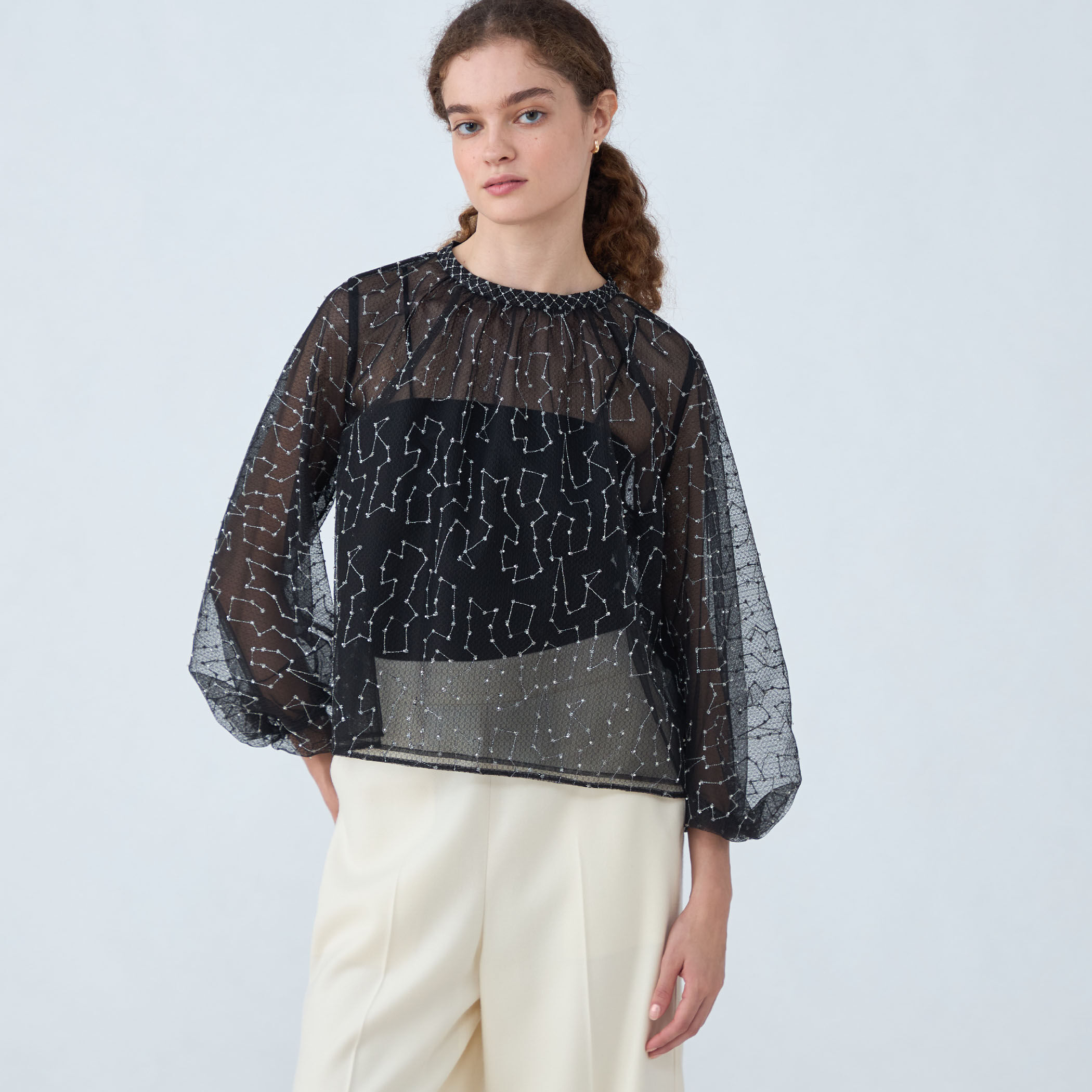 ビーズチュールエンブロイダリー スタンドボートネックブラウス