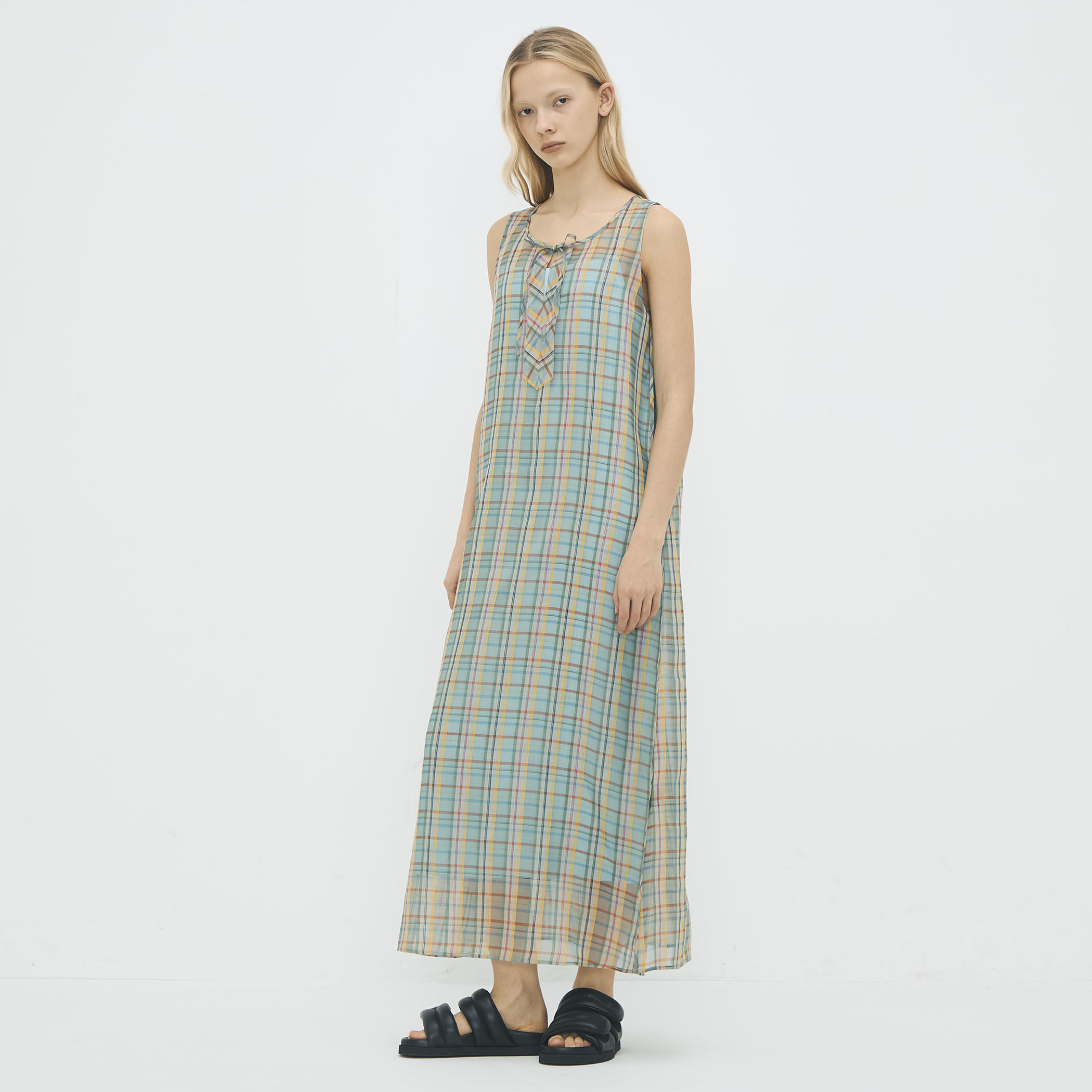 リネンシルクオーガンジーチェック フロンタブルワンピース