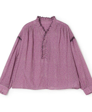 コットンレーヨンプリント スタンドフリルブラウス