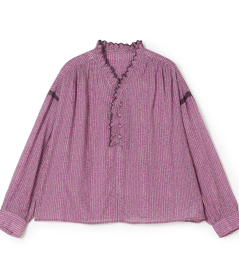 コットンレーヨンプリント スタンドフリルブラウス