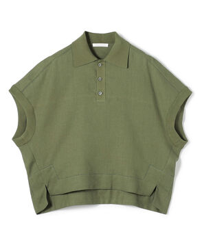 【WEB先行予約】リブコンビフレンチリネン ポロカラーブラウス