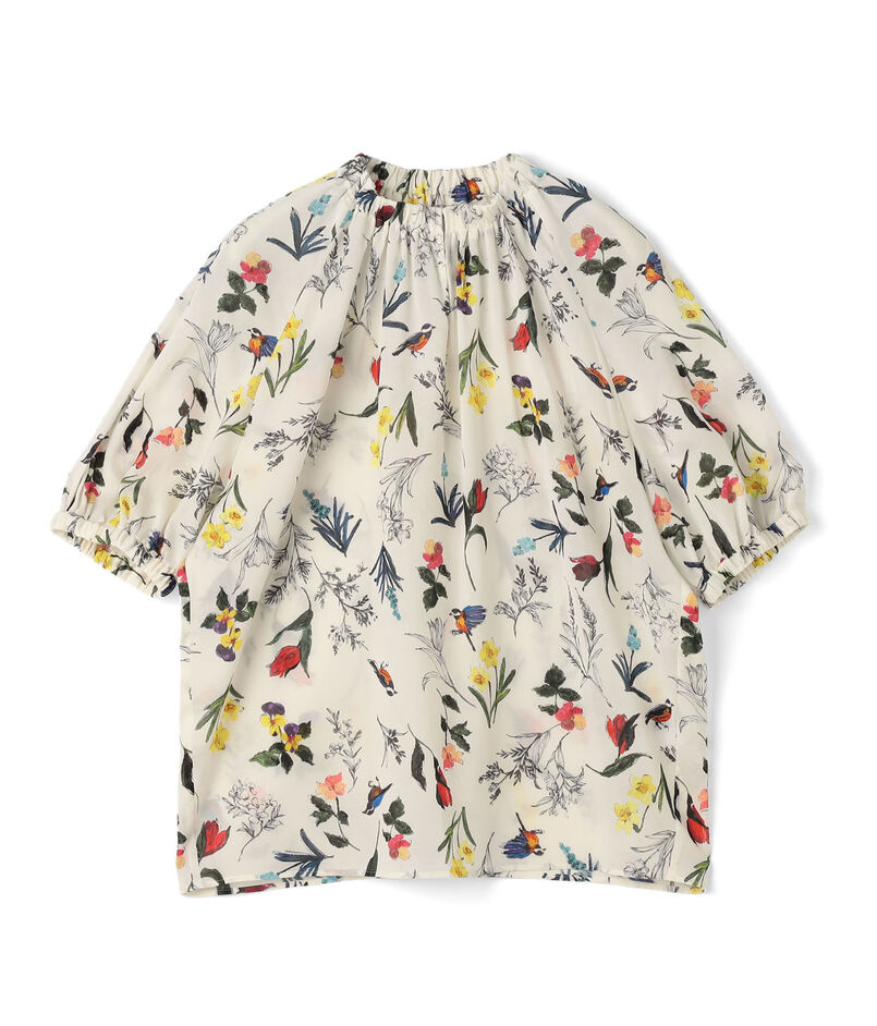 ウィングフラワープリント ネックギャザーブラウス