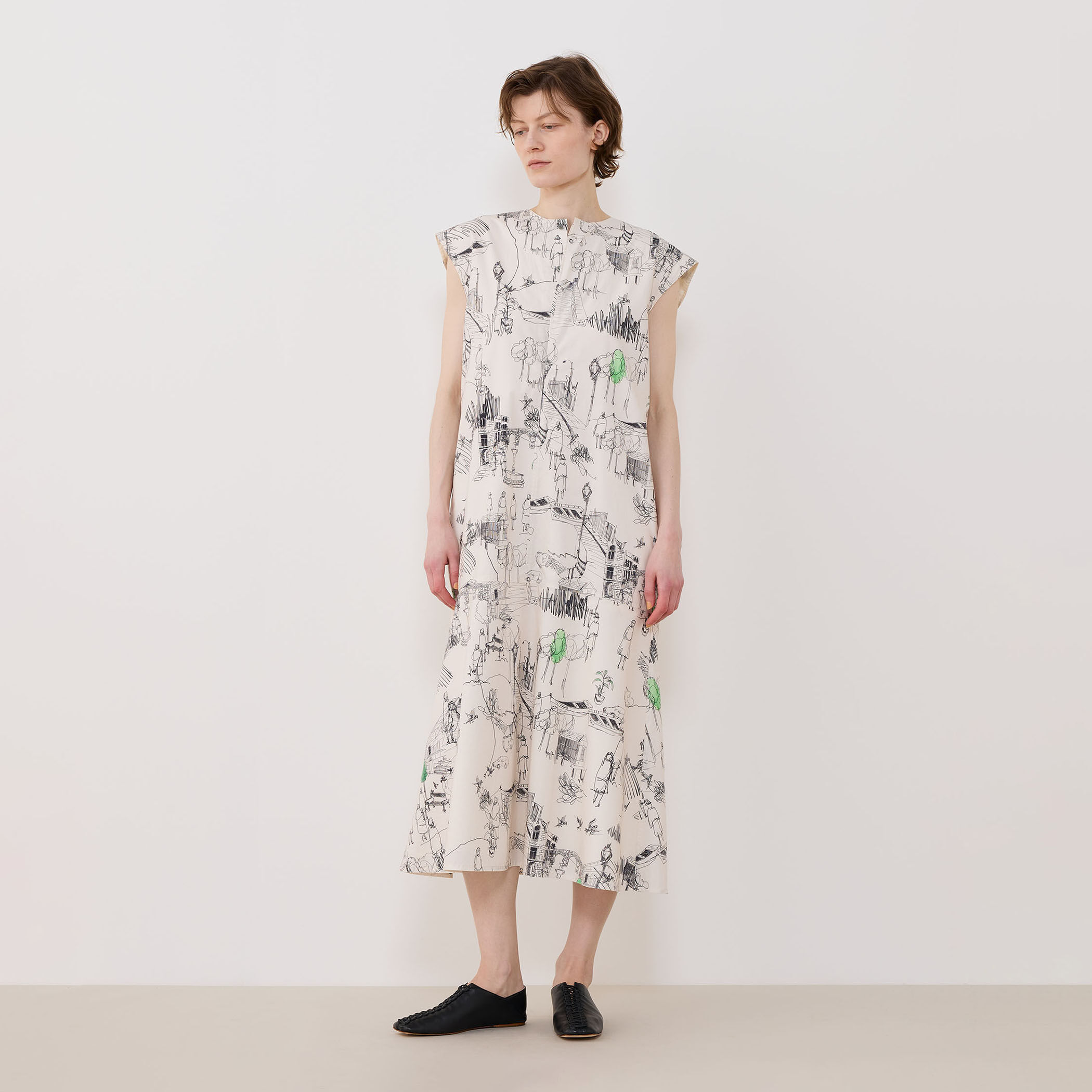 グリーンスケーププリント フレンチスリーブワンピース