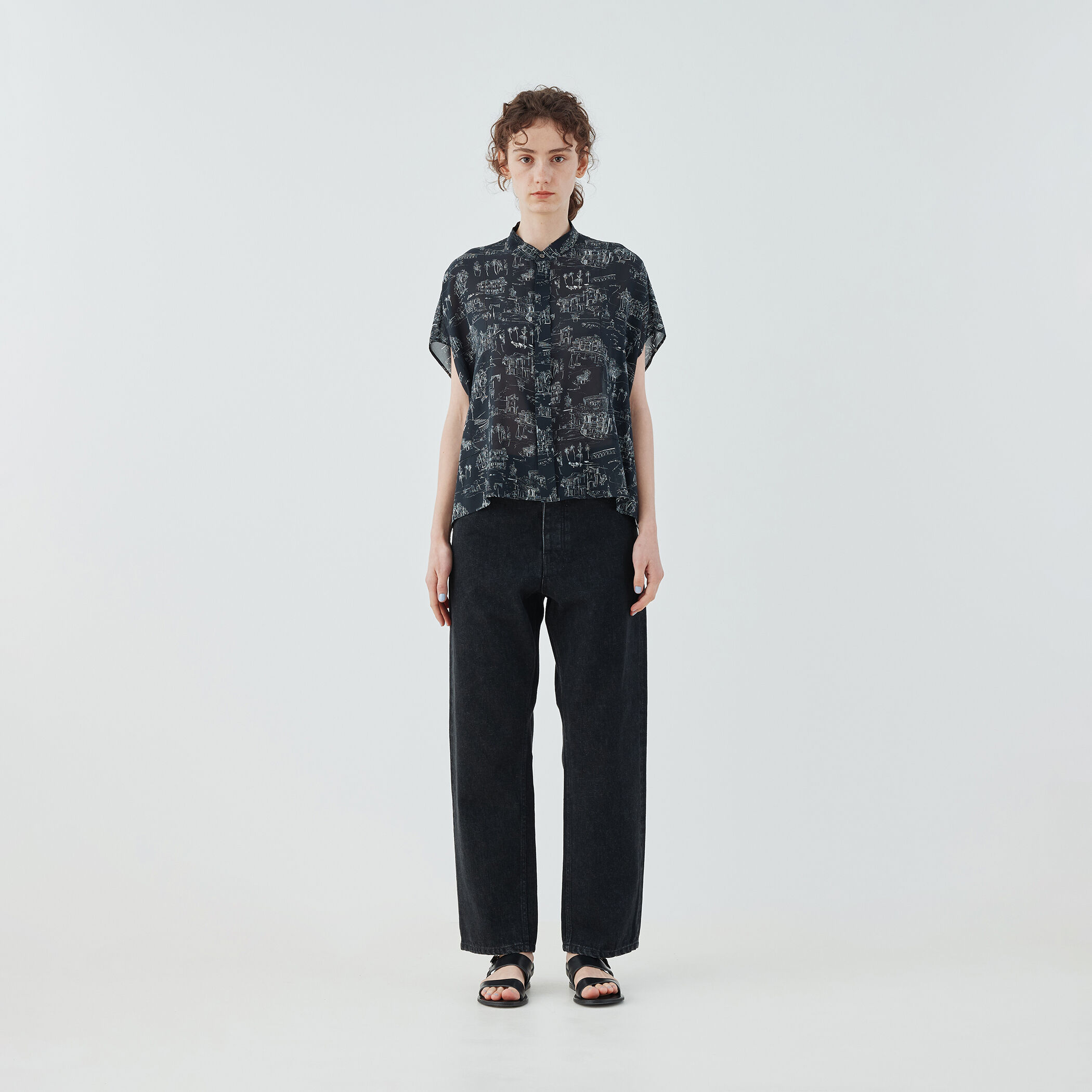 LandScapeシルクストレッチ スタンドネックボックスシャツ