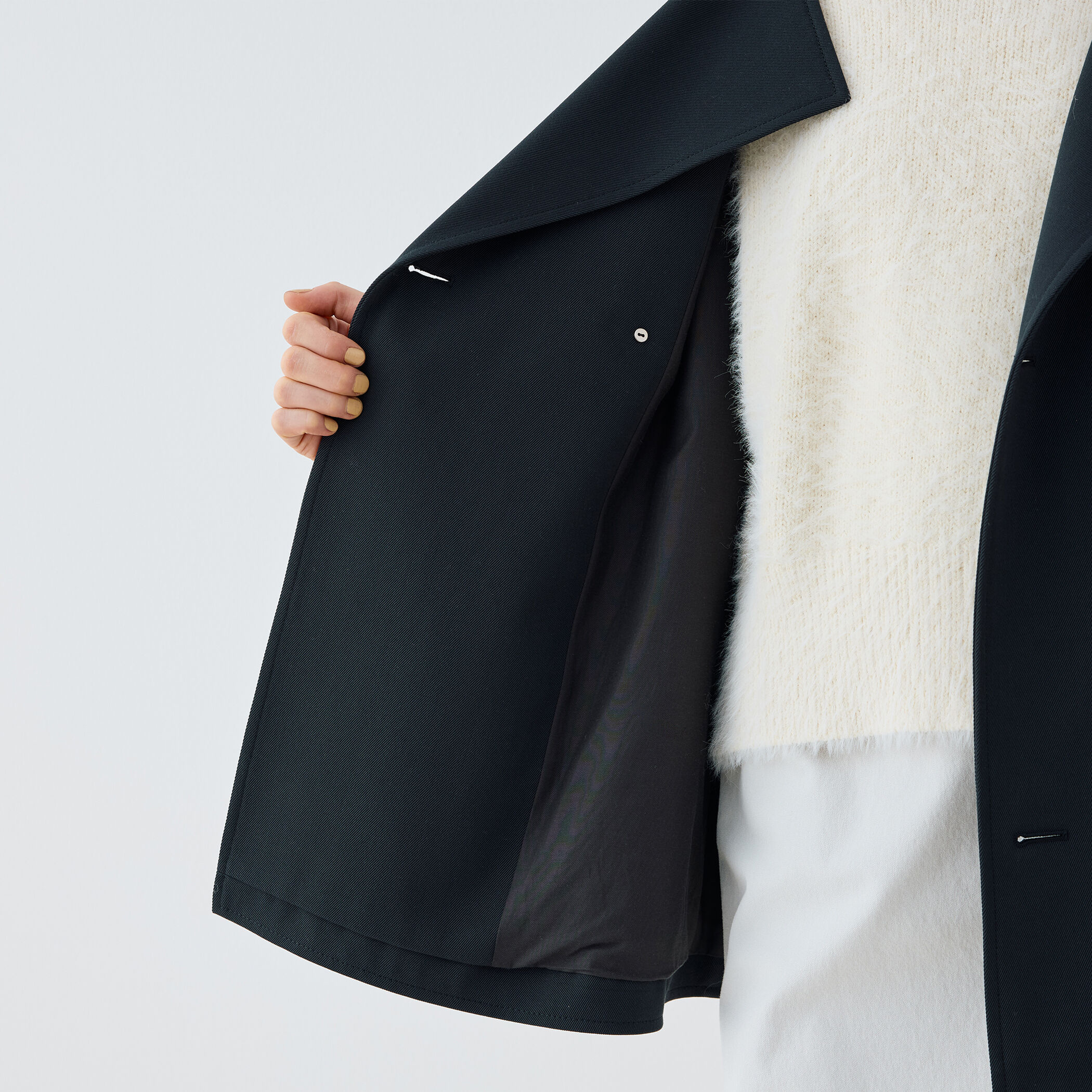 □コットンウールギャバジン カラーレスショートコート