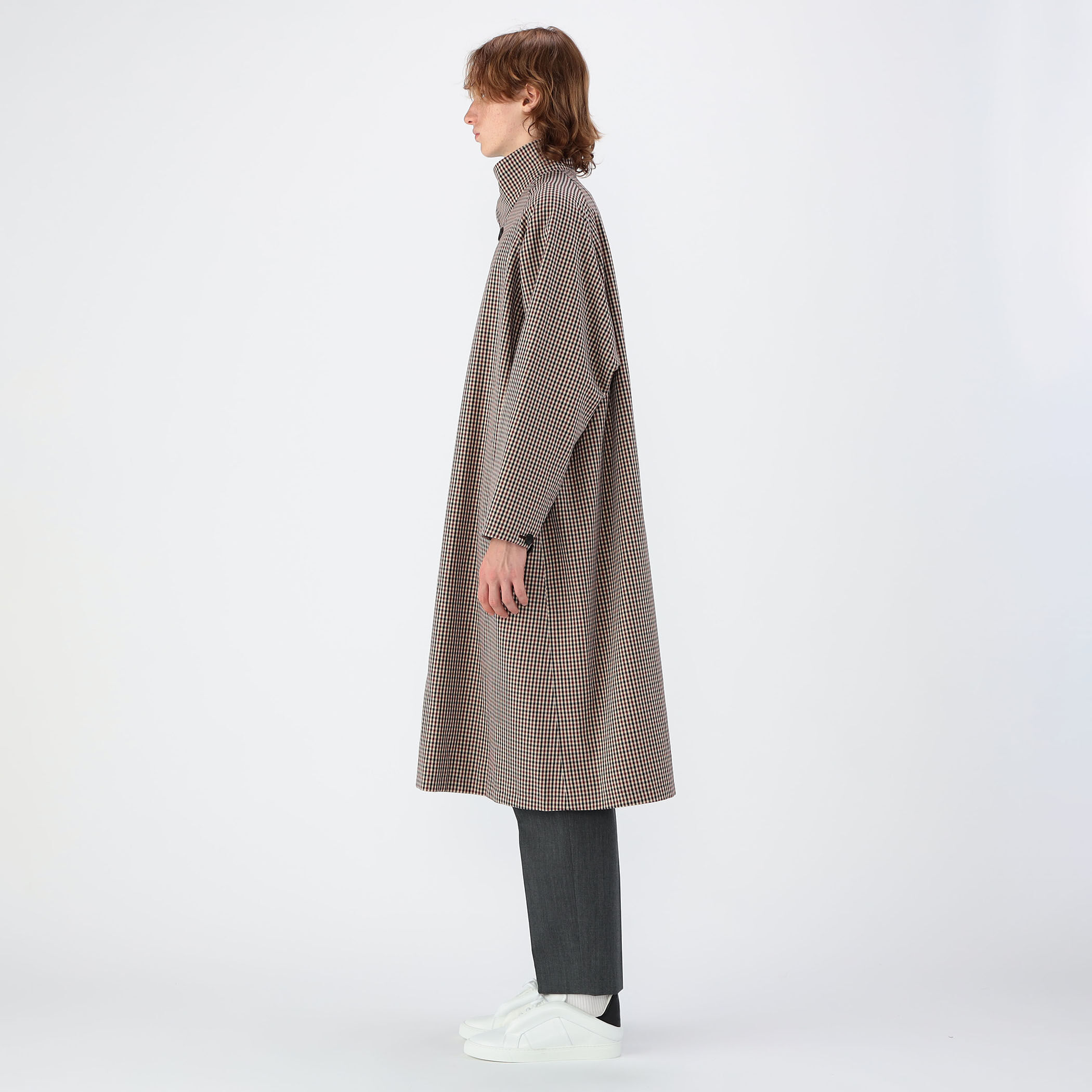 ウールギャバジン ガンクラブチェックスタンドカラーコート