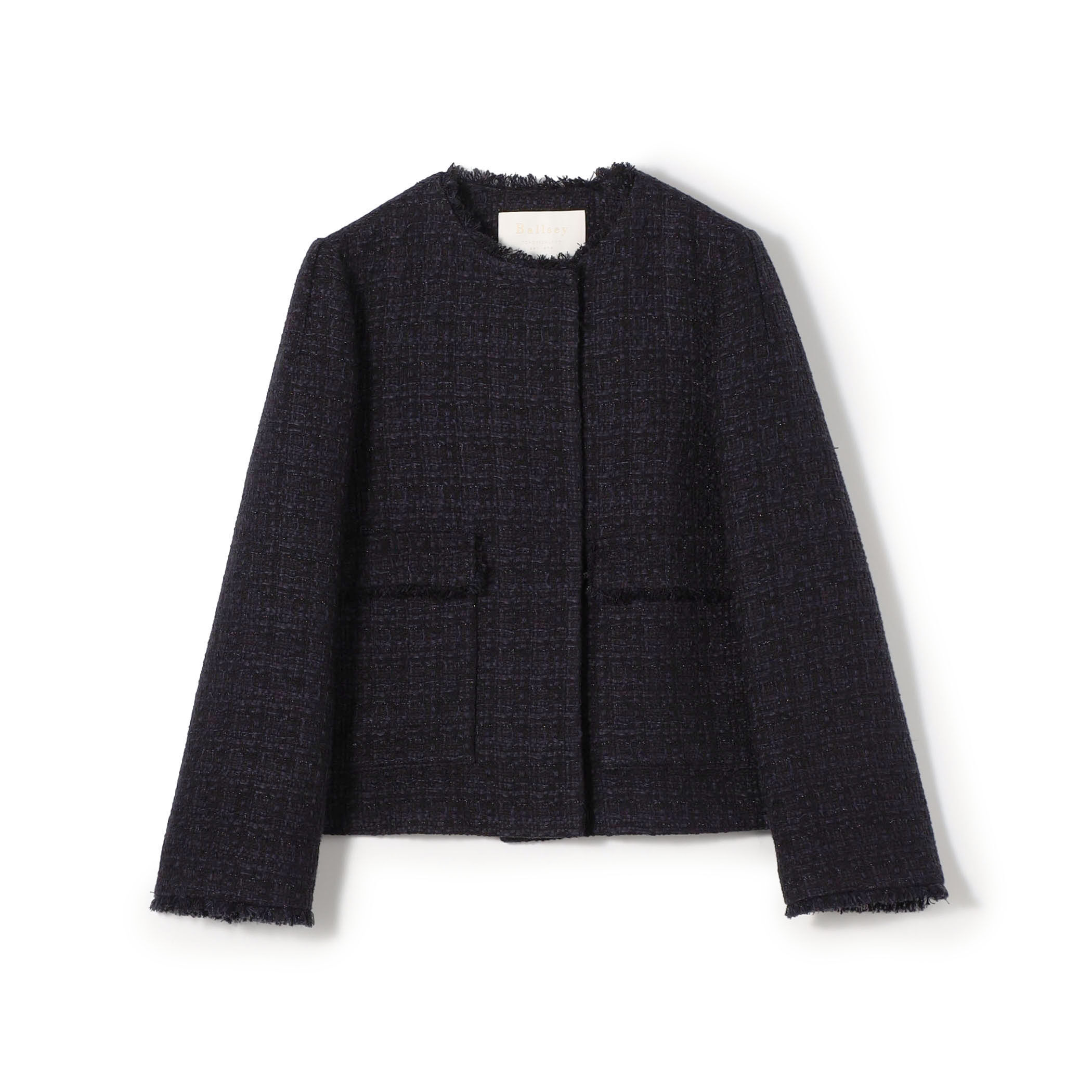 【お値下げ・美品】トゥモローランド ボールジィ　ツイード　ジャケット　ホワイト ラメミックスツイード セミダブルクルージャケット｜トゥモローランド