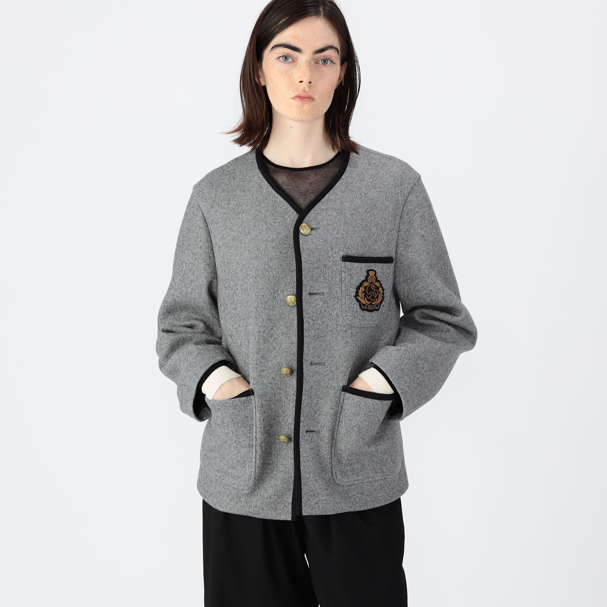 CABaN キャバン ダブルフェイスカラーレスジャケット グレー CABaN ジャケット ノーカラージャケット ウールコットンダブル