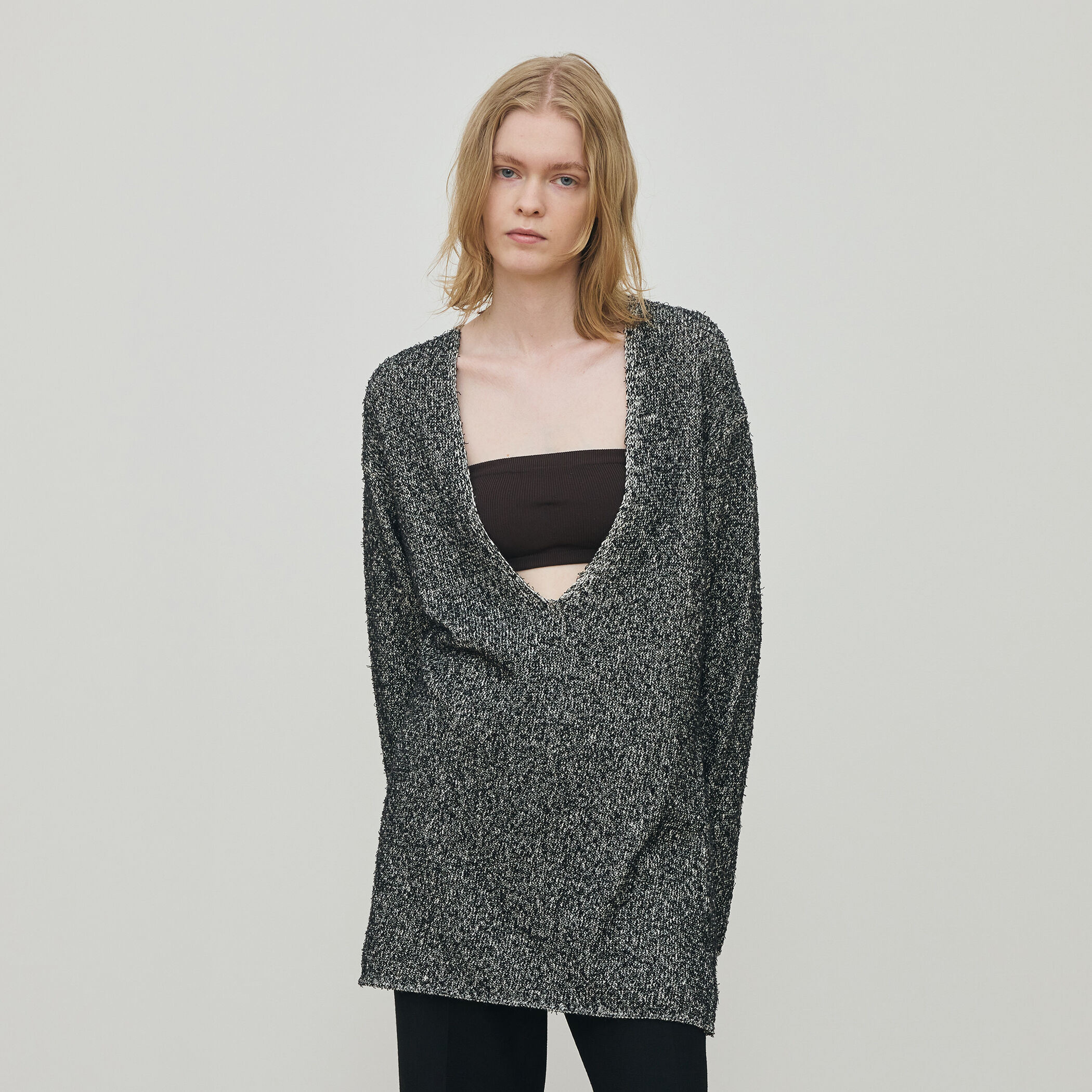 カード×カールヤーンニット Vネックチュニックプルオーバー