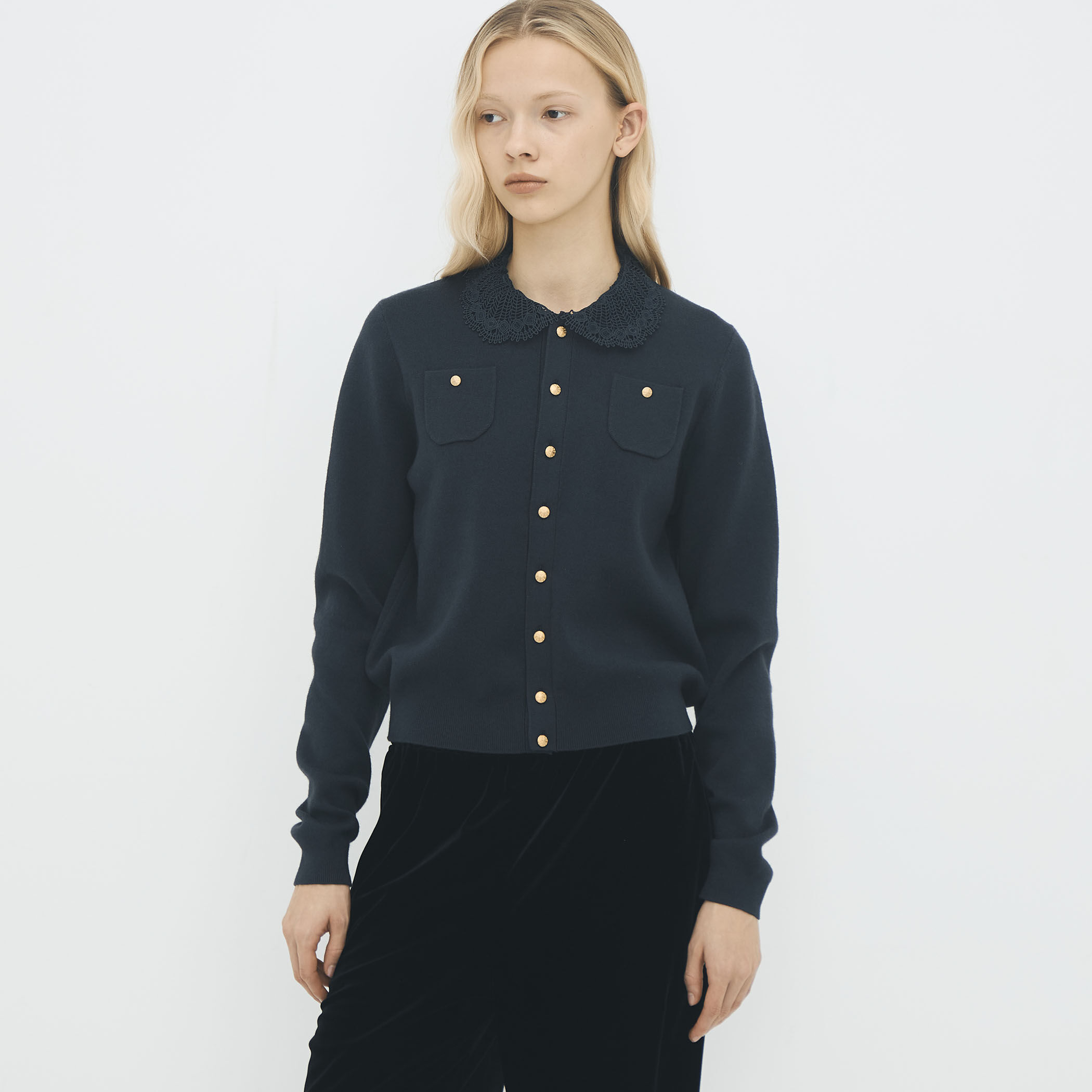 コットンカシミヤ レース　カーディガン コットンカシミヤ レースコンビポケットカーディガン