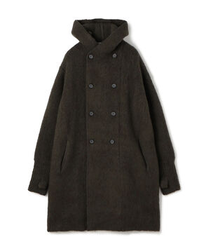 ウール カシミヤ シルク フーデット ダブルブレスト ニットコート