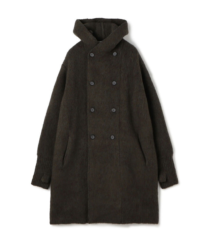 ウール カシミヤ シルク フーデット ダブルブレスト ニットコート