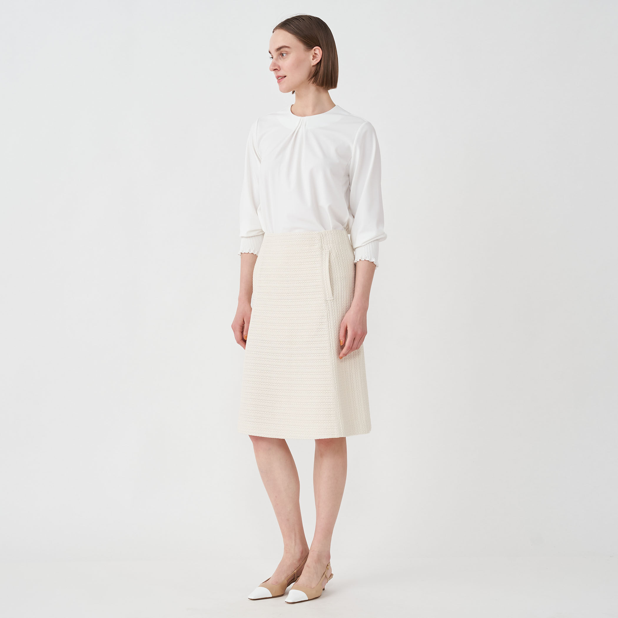 【美品】 Ballsey ストレッチジャージー ネックタックプルオーバー 白 S ストレッチジャージー ネックタックプルオーバー