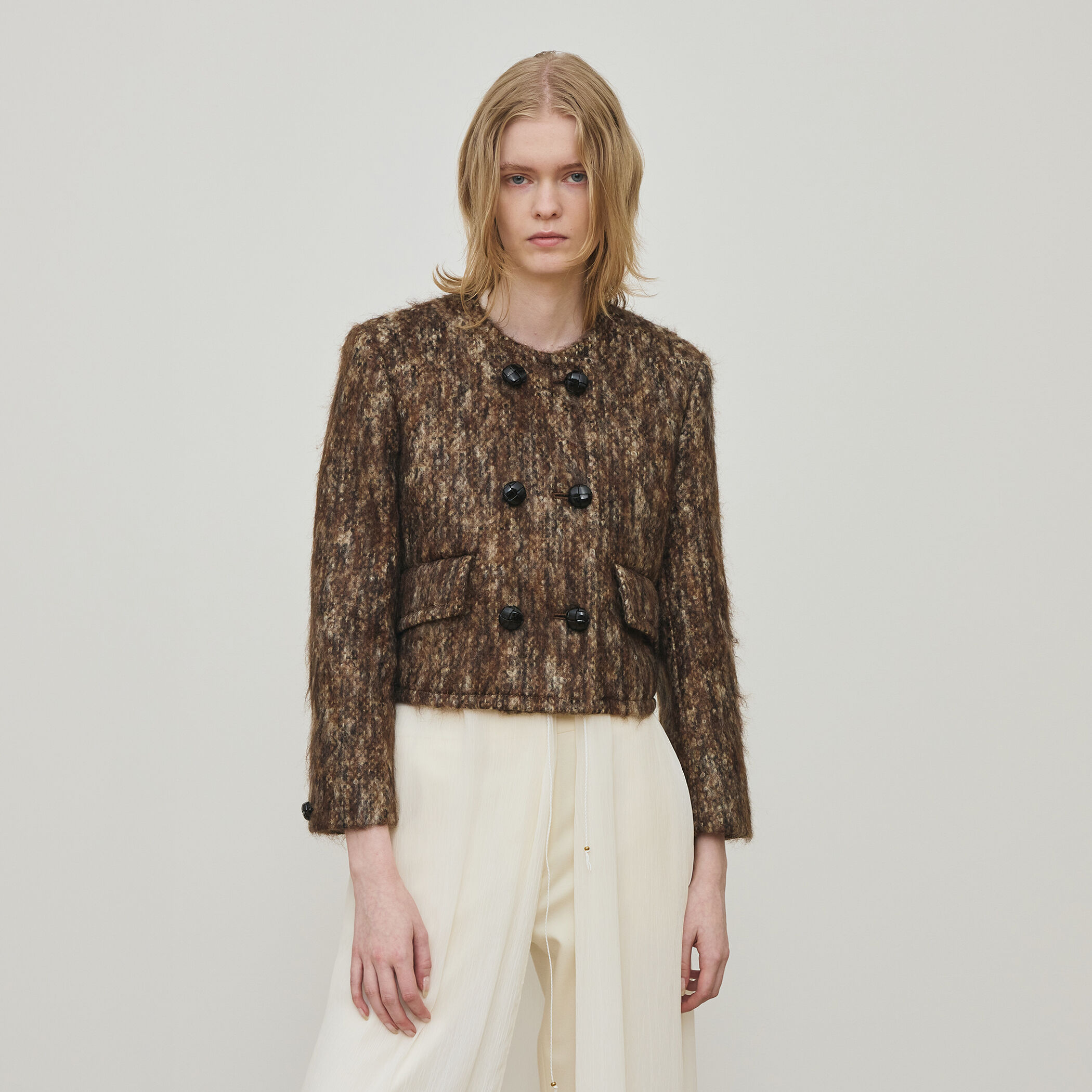 ループヤーンツイード ダブルブレスレッド ノーカラージャケット