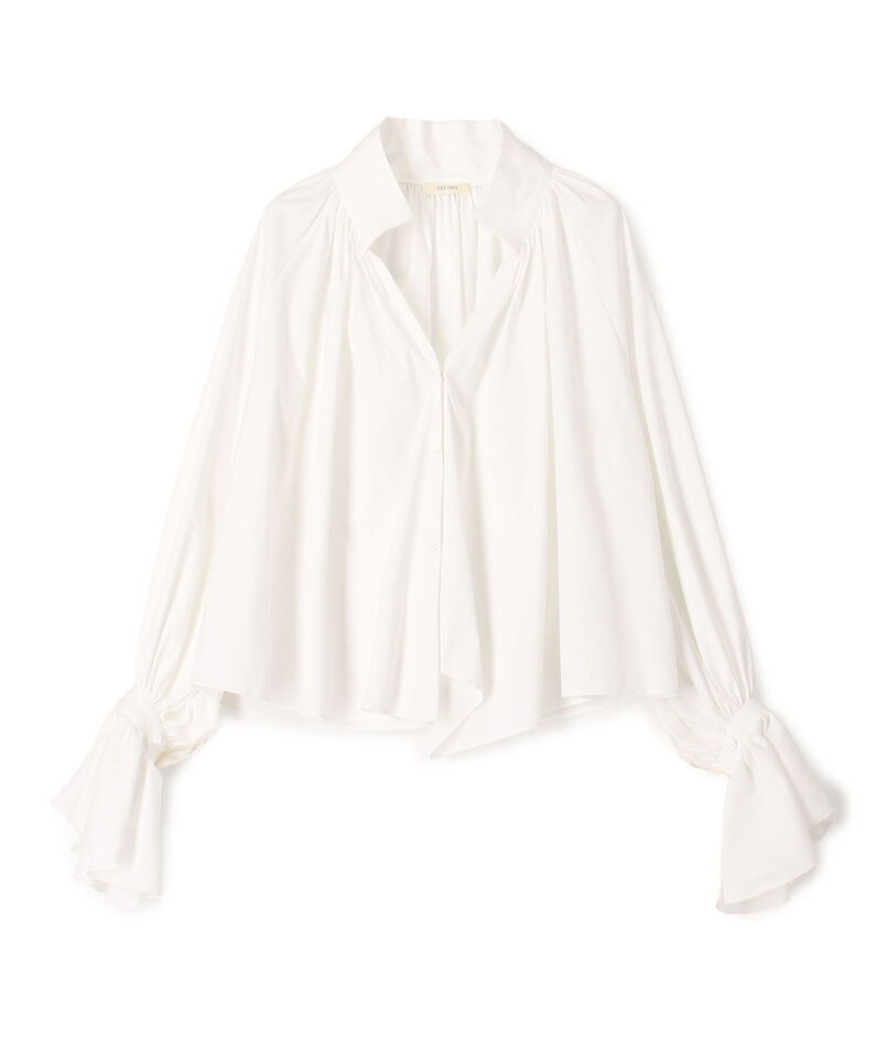 コットンストレッチポプリン ハイネックギャザーブラウス