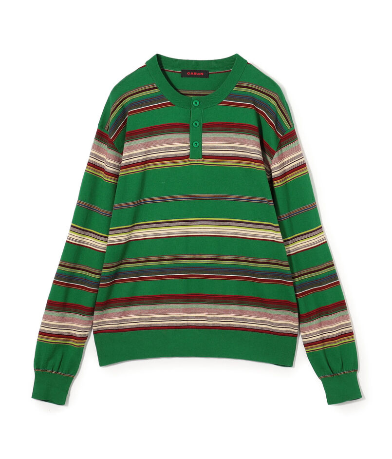 コットンカシミヤ マルチボーダーヘンリーネックプルオーバー